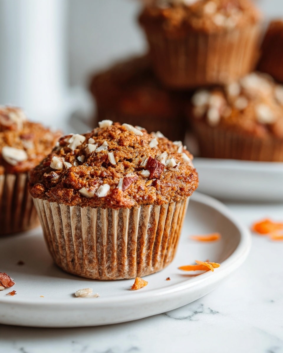 The image shows a close-up of a single muffin placed on a white plate with other muffins blurred in the background. The muffin has a textured, brown surface with visible chopped nuts and oats sprinkled on top, giving it a crunchy look. The muffin wrapper is light brown with a slightly crinkled texture. Small bits of carrot and nuts are scattered on the white marbled surface below the plate, adding a natural, fresh touch to the scene. photo taken with an iphone --ar 4:5 --v 7