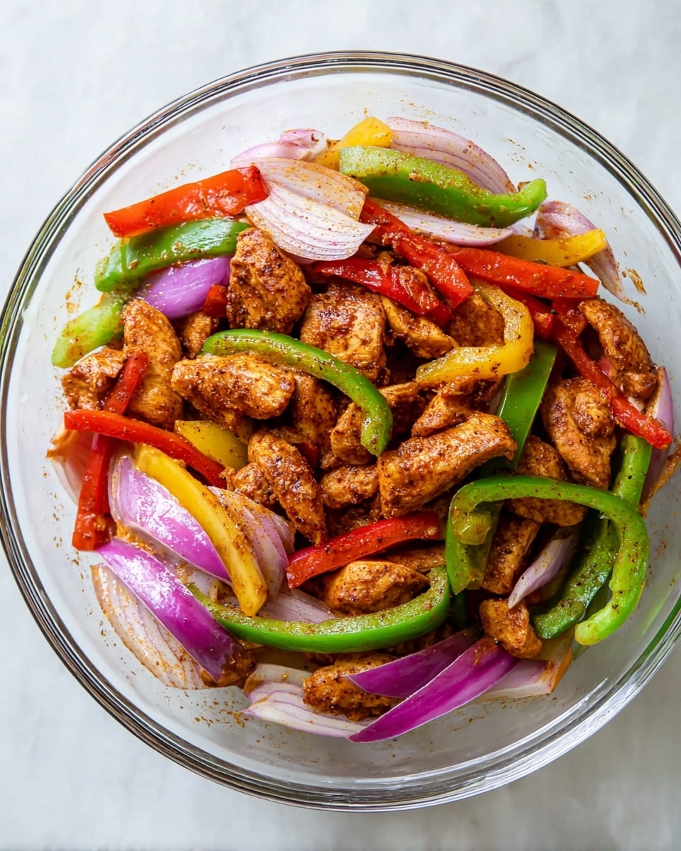 The image shows a clear glass bowl filled with a colorful mix of marinated chicken pieces and sliced vegetables. The chicken pieces are browned with a reddish-brown spice mix. Mixed in are layers of sliced red, green, and yellow bell peppers along with chunks of purple-red onion, all scattered evenly around the chicken. The bowl sits on a white marbled surface, highlighting the vibrant colors of the ingredients. photo taken with an iphone --ar 4:5 --v 7