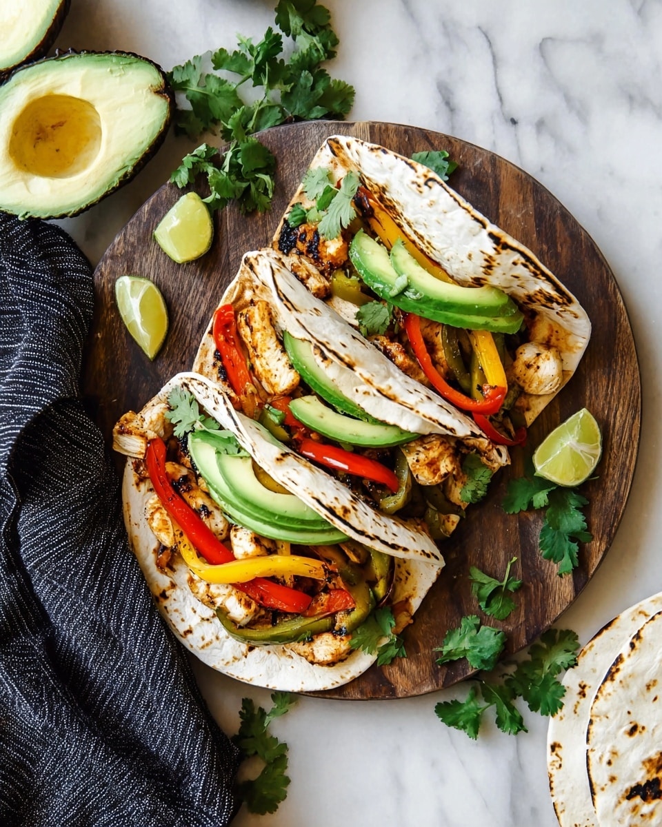 Two soft white tortillas with black grill marks sit open on a round wooden board, each filled with three layers: the first layer has grilled chicken pieces with a light brown char, the second layer contains vibrant slices of red, yellow, and green bell peppers, and the third layer is topped with fresh slices of bright green avocado and lime wedges. Fresh green cilantro leaves are scattered inside the tortillas and around the board. The background is a white marbled surface with half an avocado and some more cilantro leaves nearby. A black and white striped cloth is partly visible in the bottom left corner. photo taken with an iphone --ar 4:5 --v 7