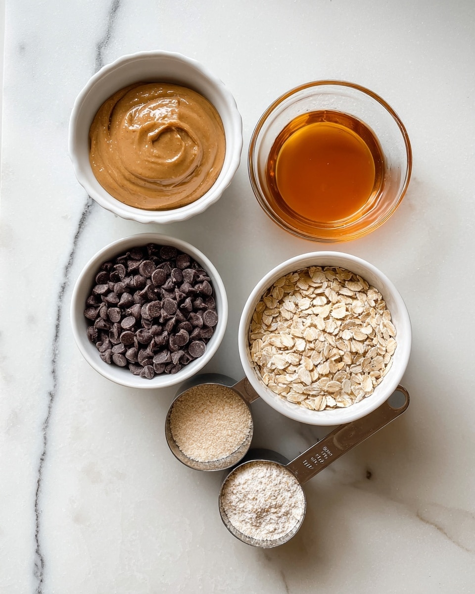 Four containers are arranged on a white marbled surface: a white bowl filled with smooth, light brown peanut butter in the top left, a clear glass bowl with amber-colored honey to its right, a white bowl holding light beige rolled oats below the peanut butter, and two metal measuring cups below the honey; the left cup holds dark chocolate chips with a matte texture, and the right cup has fine, pale powder. photo taken with an iphone --ar 4:5 --v 7