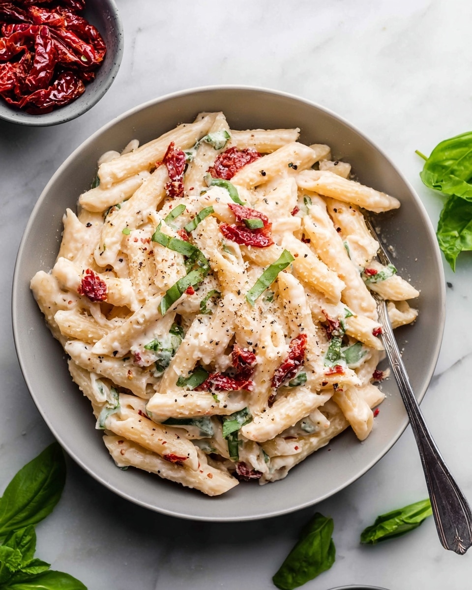 A bowl filled with creamy penne pasta layered with a pale off-white sauce, dotted with bright red sun-dried tomatoes, and green fresh basil leaves scattered throughout. The pasta is sprinkled lightly with grated cheese and black pepper, creating small textures on top. To the top left of the bowl, there is a small bowl with more red sun-dried tomatoes. The main bowl is white and placed on a white marbled surface. A silver spoon is partially submerged to the right side of the pasta, and fresh basil leaves sit around the dish, enhancing the fresh look. Photo taken with an iphone --ar 4:5 --v 7