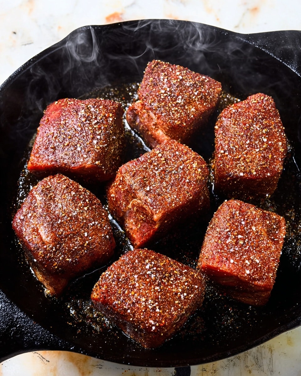 The image shows seven thick, square pieces of meat seasoned with a dark reddish-brown spice mix, sizzling in a black cast iron skillet. Each piece has a rough texture from the spices and tiny white specks of salt or seasoning on the surface. The meat pieces are arranged closely but not touching, with steam rising slightly in the center. The skillet has a handle, and the background surface is a white marbled texture with some parts visible around the edges. Photo taken with an iphone --ar 4:5 --v 7