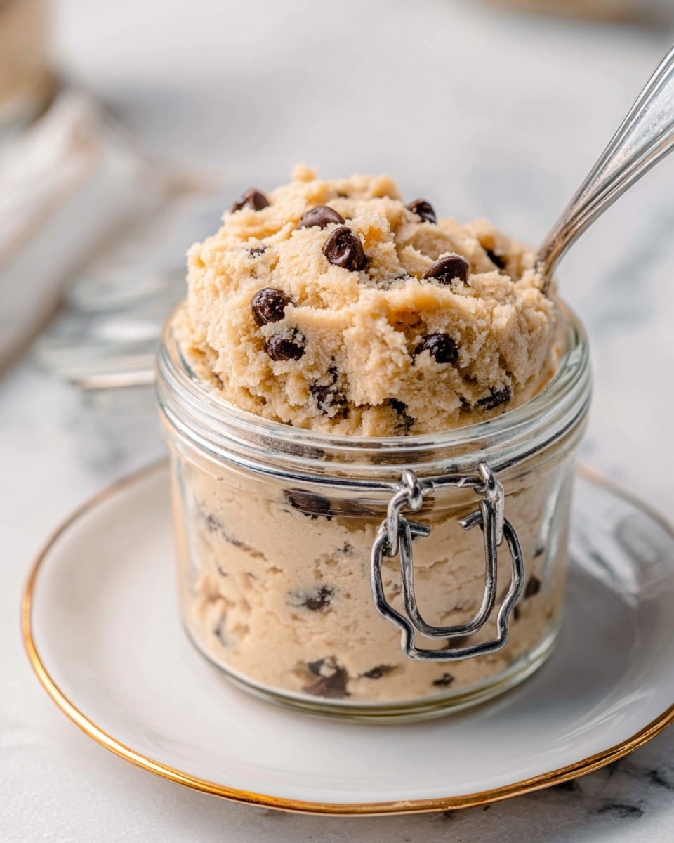 A close-up view of a clear glass jar filled with three thick layers of light beige cookie dough mixed with dark chocolate chips. The dough is textured and slightly crumbly, with chocolate chips scattered evenly throughout each layer. A silver spoon is inserted on the right side, resting against the jar's rim. The jar has a silver locking clasp on the front. The jar is placed on a round white plate with a thin gold rim, set on a white marbled surface with soft lighting in the background. Photo taken with an iphone --ar 4:5 --v 7