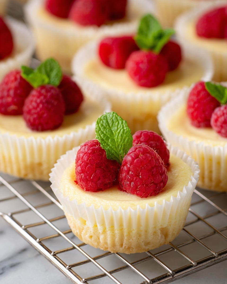 The image shows several small cheesecakes in white paper liners arranged on a metal cooling rack over a white marbled surface. Each cheesecake has two layers: a pale creamy yellow base topped with fresh red raspberries, three or four per cheesecake, and a few bright green mint leaves placed on top as decoration. The texture of the cheesecake appears smooth and soft, contrasting with the slightly bumpy texture of the raspberries. The lighting is warm and natural, highlighting the colors and textures of the dessert. photo taken with an iphone --ar 4:5 --v 7