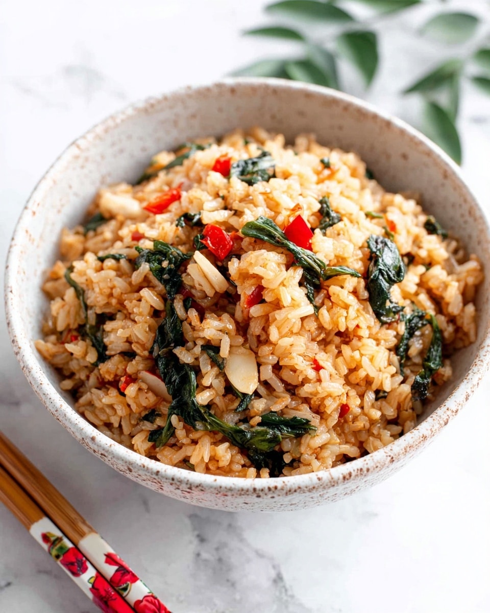 A white speckled bowl is filled with a single-layer serving of cooked rice that has a warm brown color, mixed evenly with small spinach leaves that are dark green and slightly wilted, and small diced red bell peppers. The rice grains appear soft and moist, with a slightly shiny texture, and there are light beige garlic slices scattered throughout. The bowl sits on a white marbled surface, with a pair of wooden chopsticks featuring a red and white floral design resting next to it. Some green leafy herbs are blurred in the background on the top right corner. Photo taken with an iphone --ar 4:5 --v 7