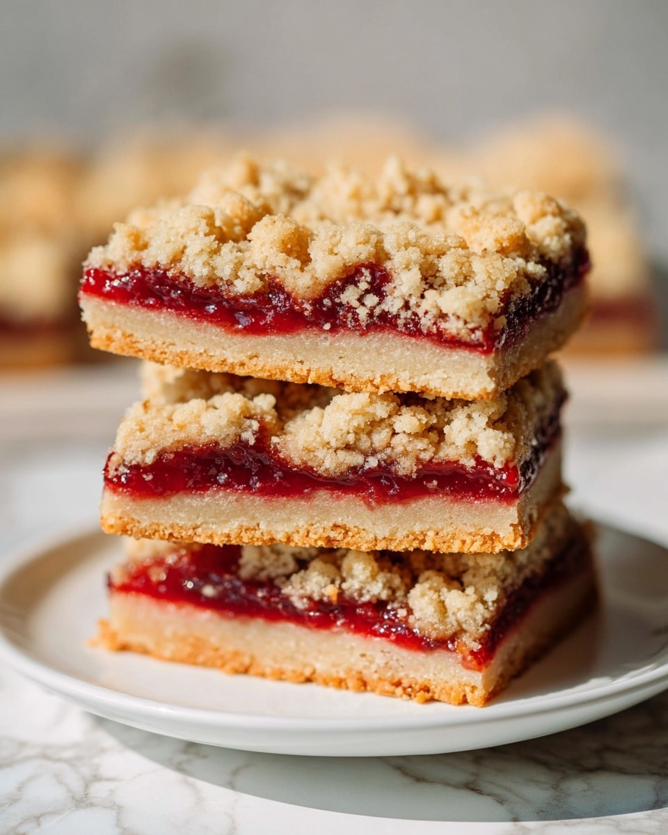 The image shows three square crumb bars stacked on top of each other on a white plate. Each bar has three layers: a bottom light golden crust, a middle bright red jam layer, and a top crumbly layer with a tan color and rough texture. The crumb layer looks uneven with small and large chunks, and some red jam peeks through. The background is a white marbled texture, and the photo has soft natural light, creating a warm and inviting look. photo taken with an iphone --ar 4:5 --v 7