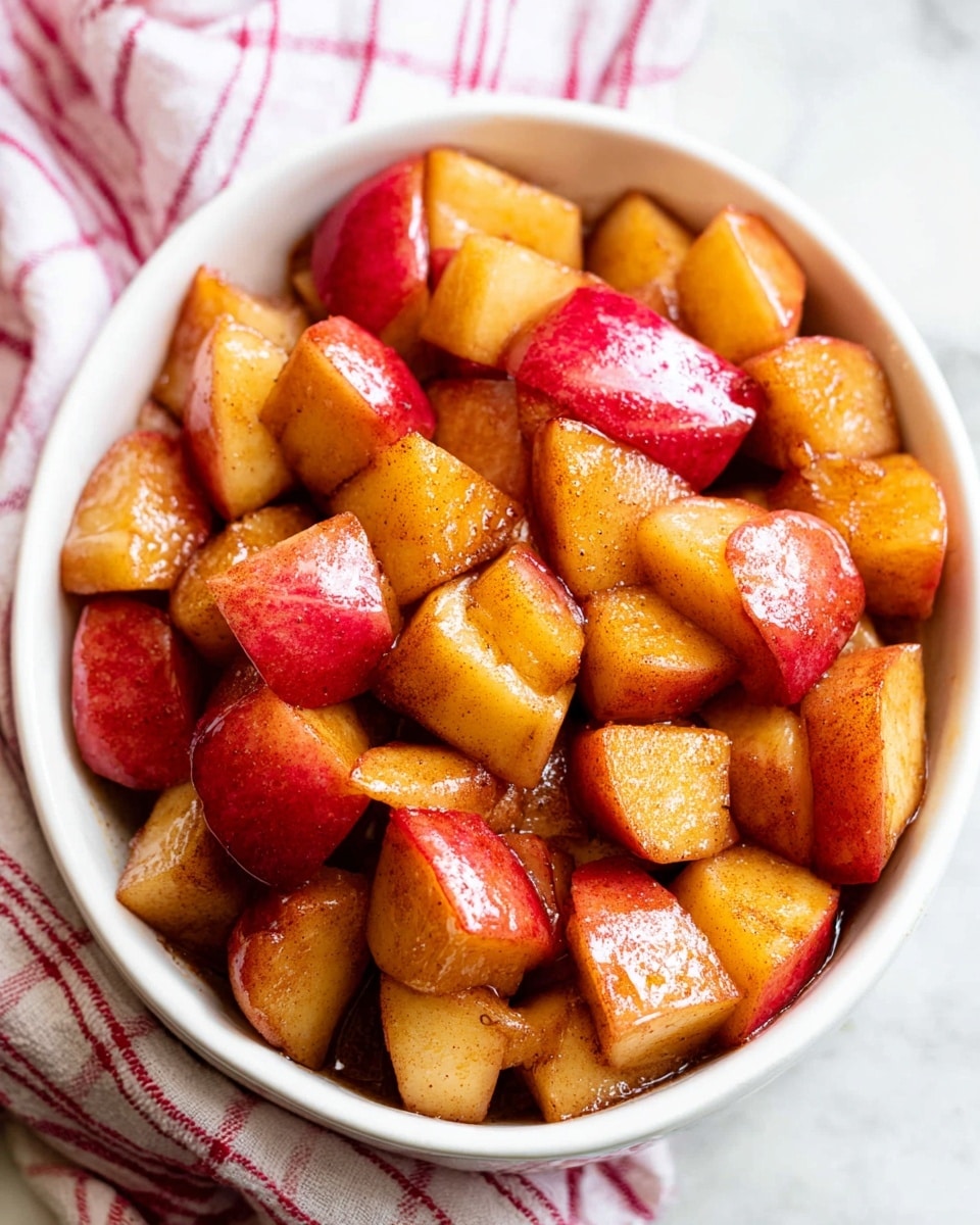 A white bowl is filled with many pieces of cooked apples, each cut into chunks with red skin still on them, showing a mix of shiny red and golden yellow colors. The apple pieces have a light brown coating, likely from cinnamon or another spice, giving them a warm, slightly glazed look with some bits slightly caramelized on top. The bowl is placed on a white marbled surface with a red and white checkered cloth softly folded next to it. photo taken with an iphone --ar 4:5 --v 7