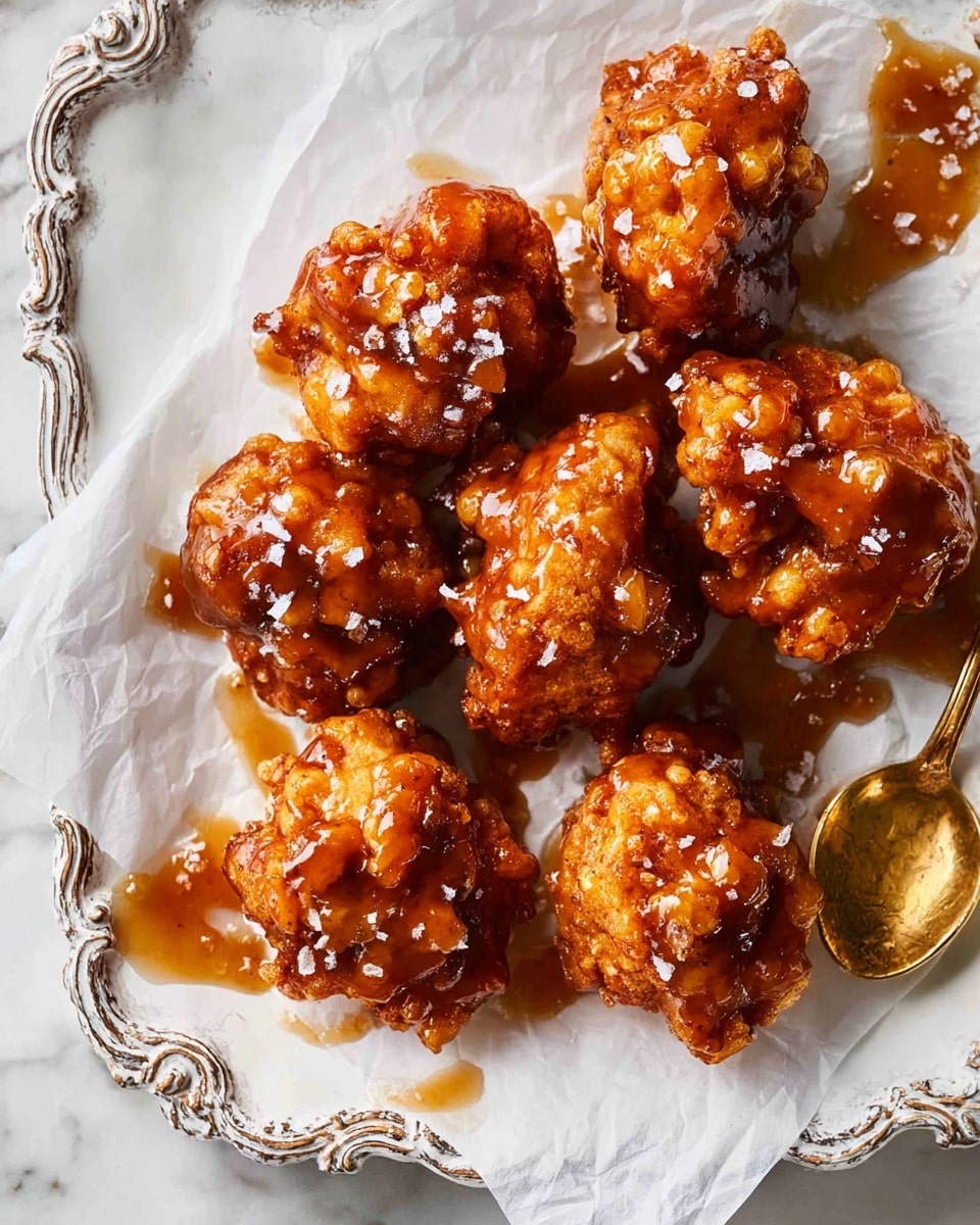 A white tray with a vintage decorative edge holds eight pieces of fried food, all covered with a shiny caramel-colored sauce. Each piece is chunky, with irregular and crispy textures beneath the sauce, which has a sticky, smooth look and some small salt flakes scattered on top. The food sits on white crumpled parchment paper that absorbs some sauce drips, and a golden spoon with caramel sauce stains rests on the paper near the top right. The background is a white marbled surface. photo taken with an iphone --ar 4:5 --v 7