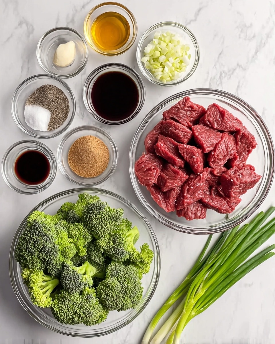 The image shows different cooking ingredients arranged neatly on a white marbled surface. There are two clear glass bowls filled with sliced raw red beef strips and fresh green broccoli florets. Around them are small clear bowls containing minced garlic, black pepper, white granulated spice, soy sauce, brown sugar, and a light amber liquid that looks like oil or honey. A small bunch of fresh green onions lies on the bottom right of the image. Everything is bright and colorful, with the red, green, and brown tones standing out against the white marbled background. photo taken with an iphone --ar 4:5 --v 7