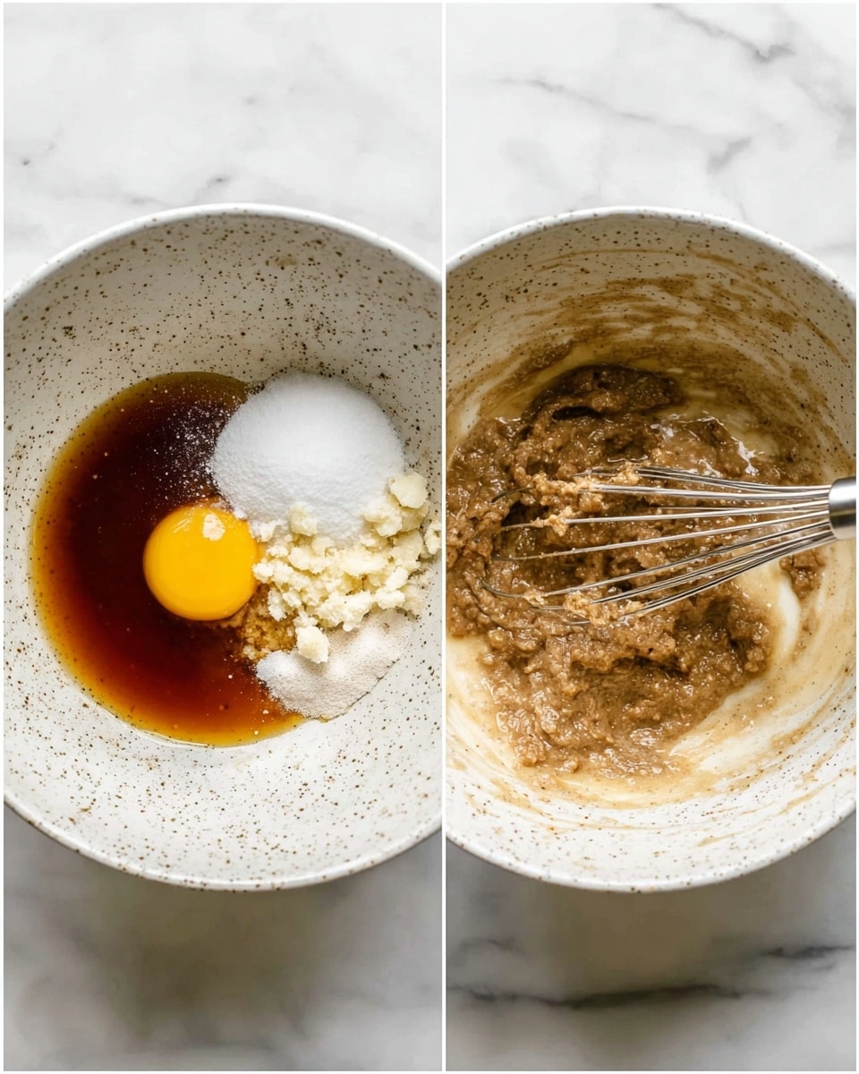 Two side-by-side images show a speckled white mixing bowl on a white marbled surface. The left image has seven layers inside the bowl: a brown syrupy liquid, a white powdery ingredient piled on one side, a single raw egg with a bright yellow yolk near the center, a smaller pile of white granules, and some mashed beige chunks. The right image shows the same bowl after the ingredients have been mixed together, forming a thick, lumpy brown batter. A shiny metal whisk rests inside the bowl, partially covered in the batter. Photo taken with an iphone --ar 4:5 --v 7