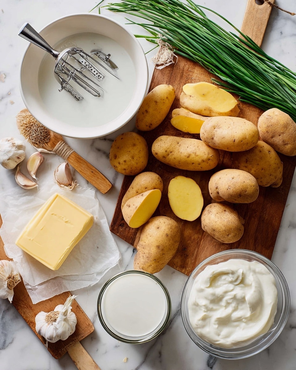 The image shows a white bowl at the top center with a metal potato masher inside. Around the bowl, there are several brown and yellow potatoes, some whole and some partly peeled on a wooden cutting board to the right, where a small wooden peeler rests. Below the board, there is a stick of pale yellow butter on white paper, and a glass container filled with white milk. Next to the milk, there are garlic cloves and a bunch of fresh green chives on the white marbled surface. A clear glass bowl filled with smooth white sour cream is near the cutting board. The scene is on a white marbled surface, creating a fresh and clean look photo taken with an iphone --ar 4:5 --v 7