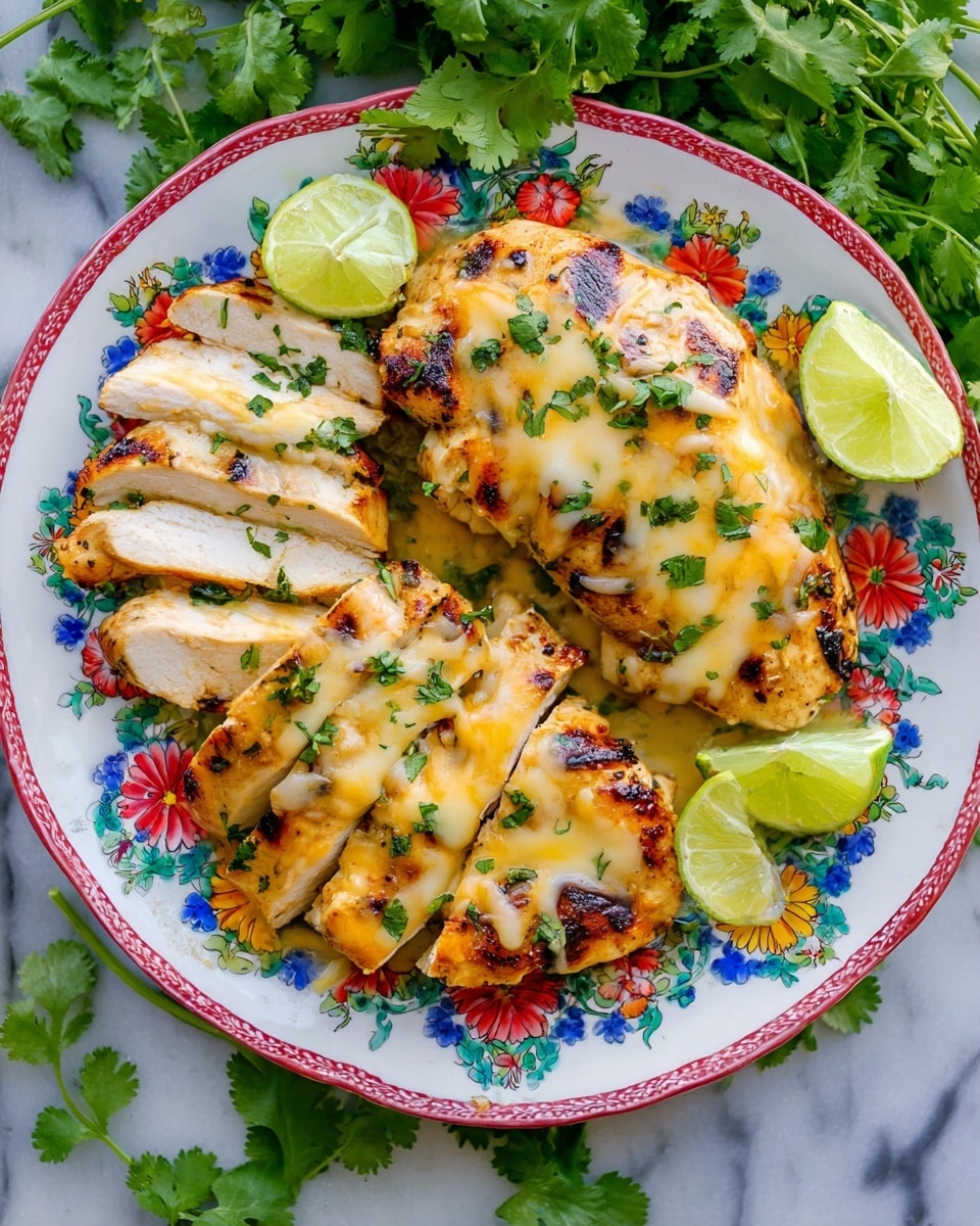 The image shows a white plate with colorful floral patterns filled with grilled chicken breast pieces covered with melted yellow cheese. Some chicken pieces are sliced, showing the white cooked inside with a golden-brown grilled outside. Fresh green chopped cilantro is sprinkled over the cheese. Two lime halves are placed next to the chicken, adding a bright green color. The plate sits on a white marbled surface with fresh cilantro leaves scattered around its edges. photo taken with an iphone --ar 4:5 --v 7