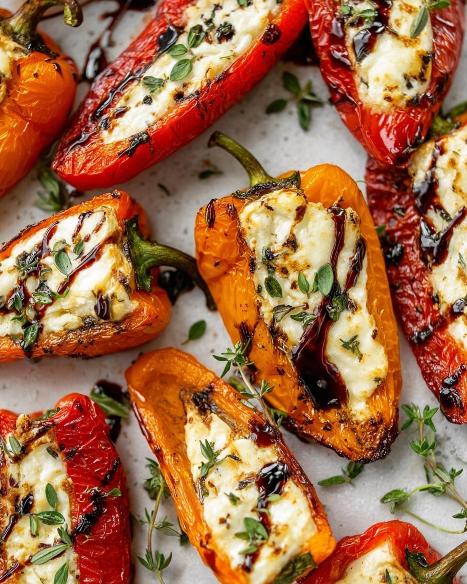 The image shows several halves of roasted mini peppers in red and orange colors, each filled with a creamy white cheese layer that looks soft and slightly browned on top. A dark balsamic glaze is drizzled over the cheese and the white marbled surface, creating shiny, uneven streaks and small pools. Small green herb leaves, mostly thyme, are scattered on the peppers and around on the surface. The peppers have a wrinkled texture from roasting with some browned and charred edges, arranged closely together in an overhead view. photo taken with an iphone --ar 4:5 --v 7