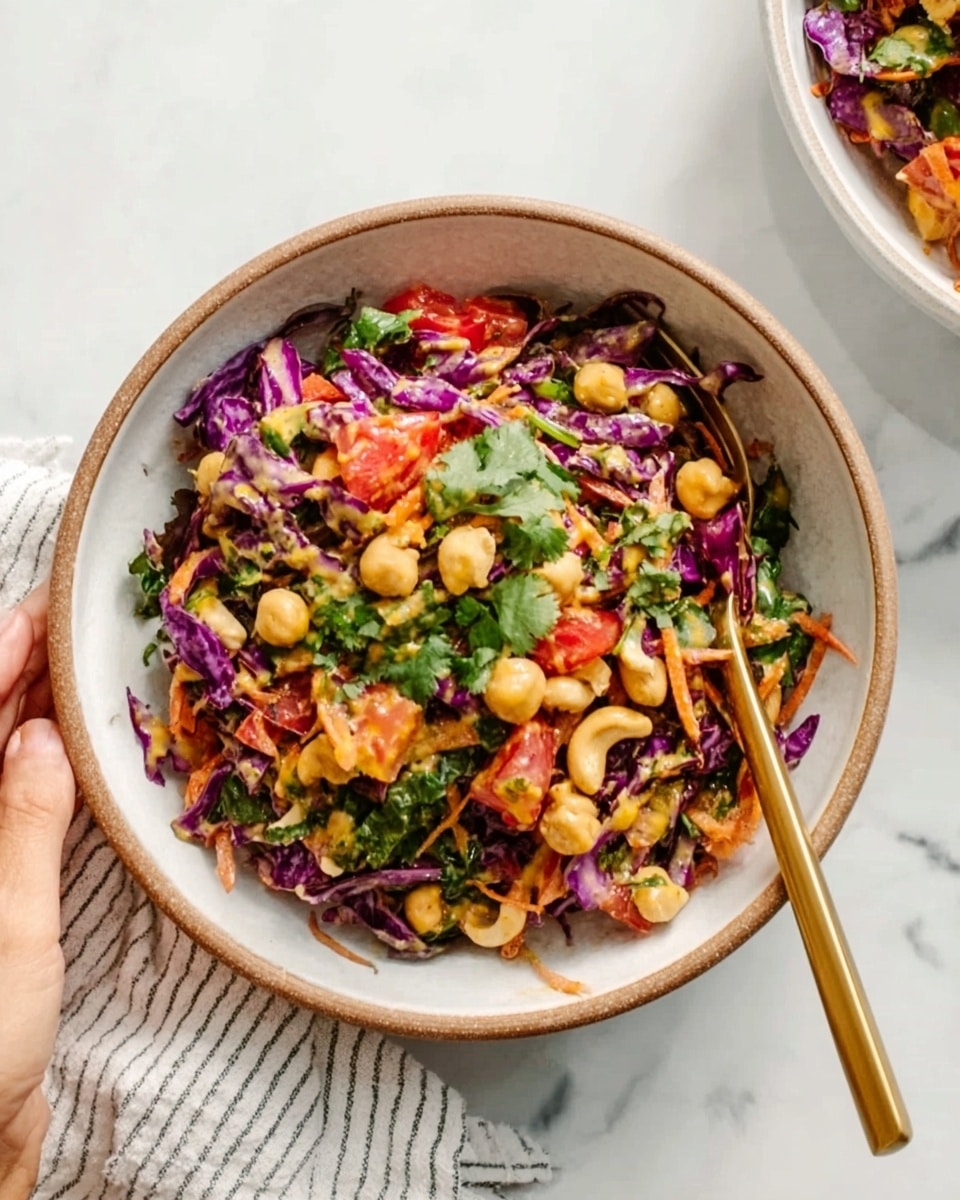 The dish is a vibrant salad served in a white bowl with a light brown rim, placed on a white marbled surface. The salad has multiple layers: bright purple cabbage leaves form the base, mixed with chopped green herbs like cilantro scattered on top. There are chunks of red tomato and light orange shredded carrots adding color and texture. Creamy beige chickpeas are spread evenly across the salad, and crunchy beige cashew nuts sit on top. A light orange dressing is drizzled all over the salad. A gold spoon rests inside the bowl, partially submerged in the salad. Part of a woman's hand is visible in the top left corner of the image, about to hold the bowl. Photo taken with an iphone --ar 4:5 --v 7