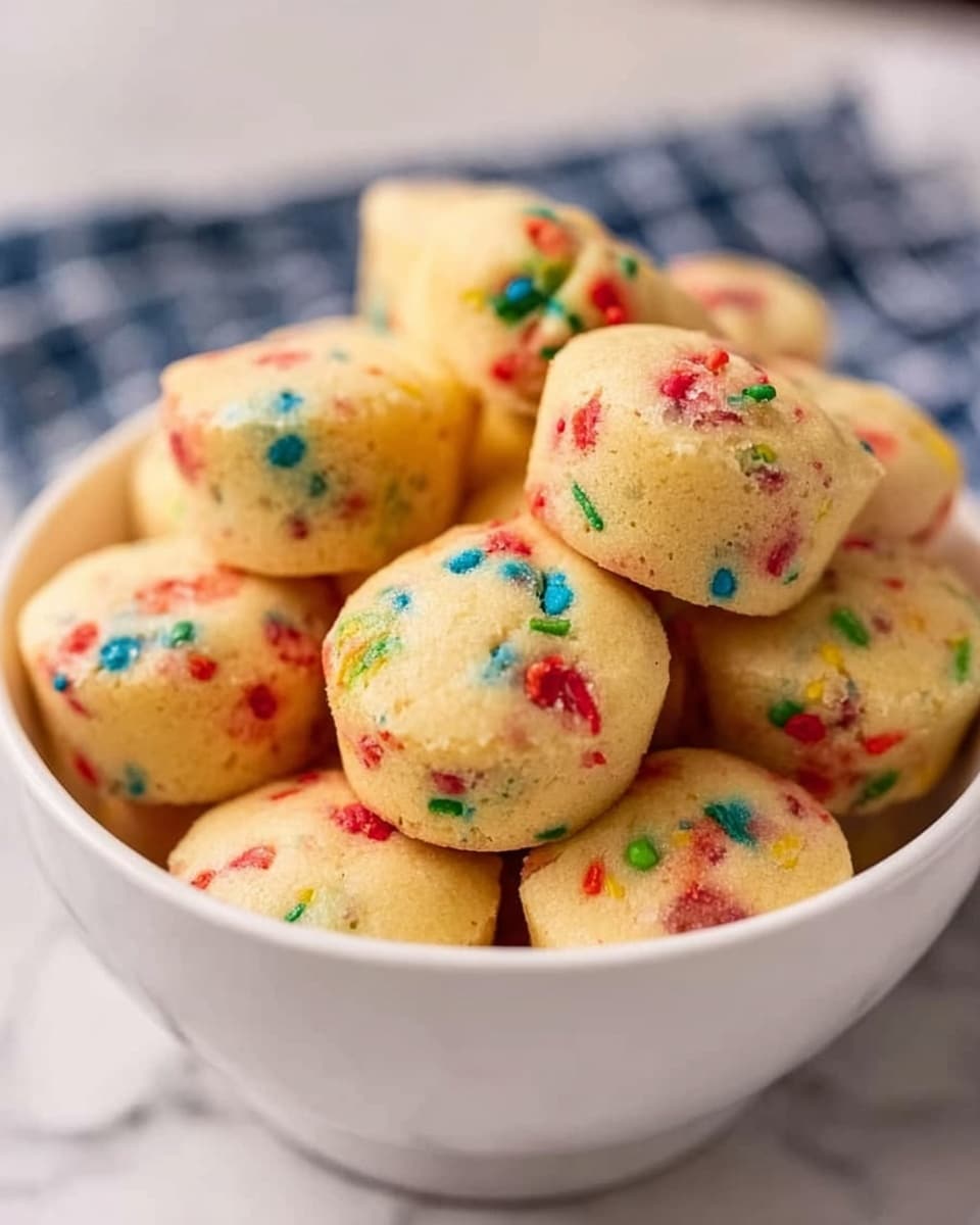 A white bowl filled with small, round, light yellow mini muffins that have colorful red, blue, green, and pink sprinkles mixed evenly inside. The muffins have a soft, smooth texture with slight cracks on top, showing their fluffiness. The bowl is placed on a white marbled surface, and the background is softly blurred, focusing on the muffins in the bowl. photo taken with an iphone --ar 4:5 --v 7