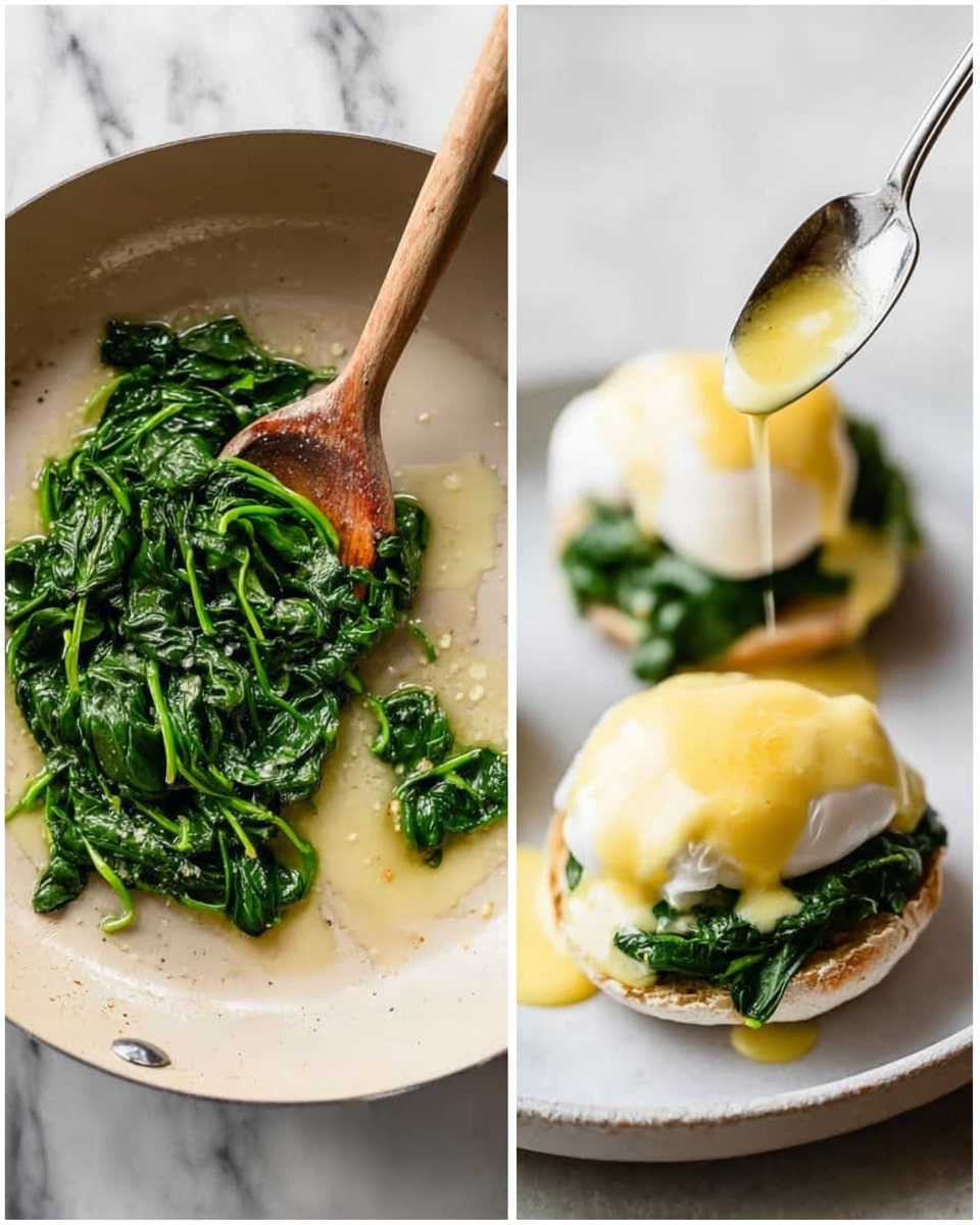 The image on the left shows cooked green spinach being lifted with a wooden spoon inside a light-colored pan over a white marbled surface. The image on the right presents two eggs Benedict served on a white plate; each dish has three layers – at the bottom is a toasted muffin half with a soft green spinach layer above it, followed by a white poached egg on top, and a golden-yellow sauce being drizzled from a spoon onto the eggs. Photo taken with an iphone --ar 4:5 --v 7