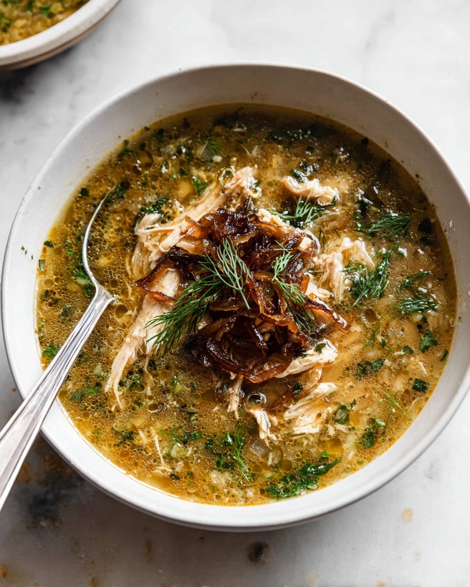 A white bowl filled with a thick soup that has a golden brown color base mixed with visible herbs and greens scattered throughout. The soup is layered with shredded light beige chicken pieces and topped with a cluster of caramelized dark brown onions and fresh green dill sprigs. A silver spoon is inside the bowl on the left side. The bowl sits on a white marbled surface. photo taken with an iphone --ar 4:5 --v 7
