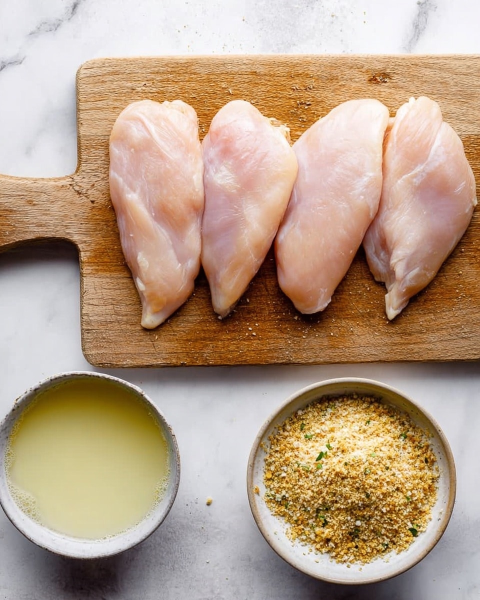 The image shows four raw pieces of light pink chicken placed side by side on a wooden cutting board with a handle, resting on a white marbled surface. Below the cutting board, there are two bowls: one on the left filled with a pale yellow liquid that is slightly foamy, and one on the right containing golden brown breadcrumbs with some green herbs mixed in. photo taken with an iphone --ar 4:5 --v 7
