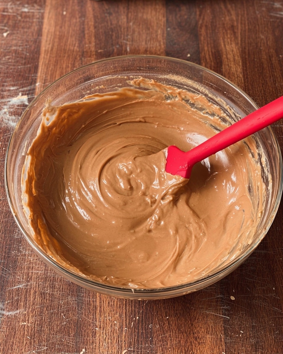 A clear glass bowl filled with smooth, thick light brown batter being stirred by a red spatula positioned off-center to the right of the bowl, sitting on a wooden textured surface. The batter has a creamy texture with slight shine and a swirl pattern on top from the stirring. Some batter is visible on the inner sides of the bowl near the rim and a small dollop is outside the bowl at the bottom left edge. photo taken with an iphone --ar 4:5 --v 7