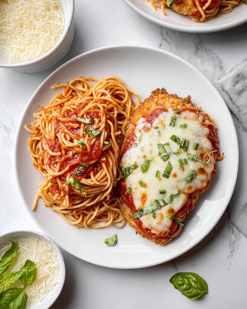 A white plate with two main parts: on the left, a pile of spaghetti noodles covered in red tomato sauce with small green basil pieces sprinkled on top; on the right, a piece of breaded chicken covered with a layer of red tomato sauce and a thick layer of melted white cheese with green basil scattered over it. The plate sits on a white marbled surface with a small white bowl filled with grated cheese nearby and some green basil leaves scattered around. Photo taken with an iphone --ar 4:5 --v 7
