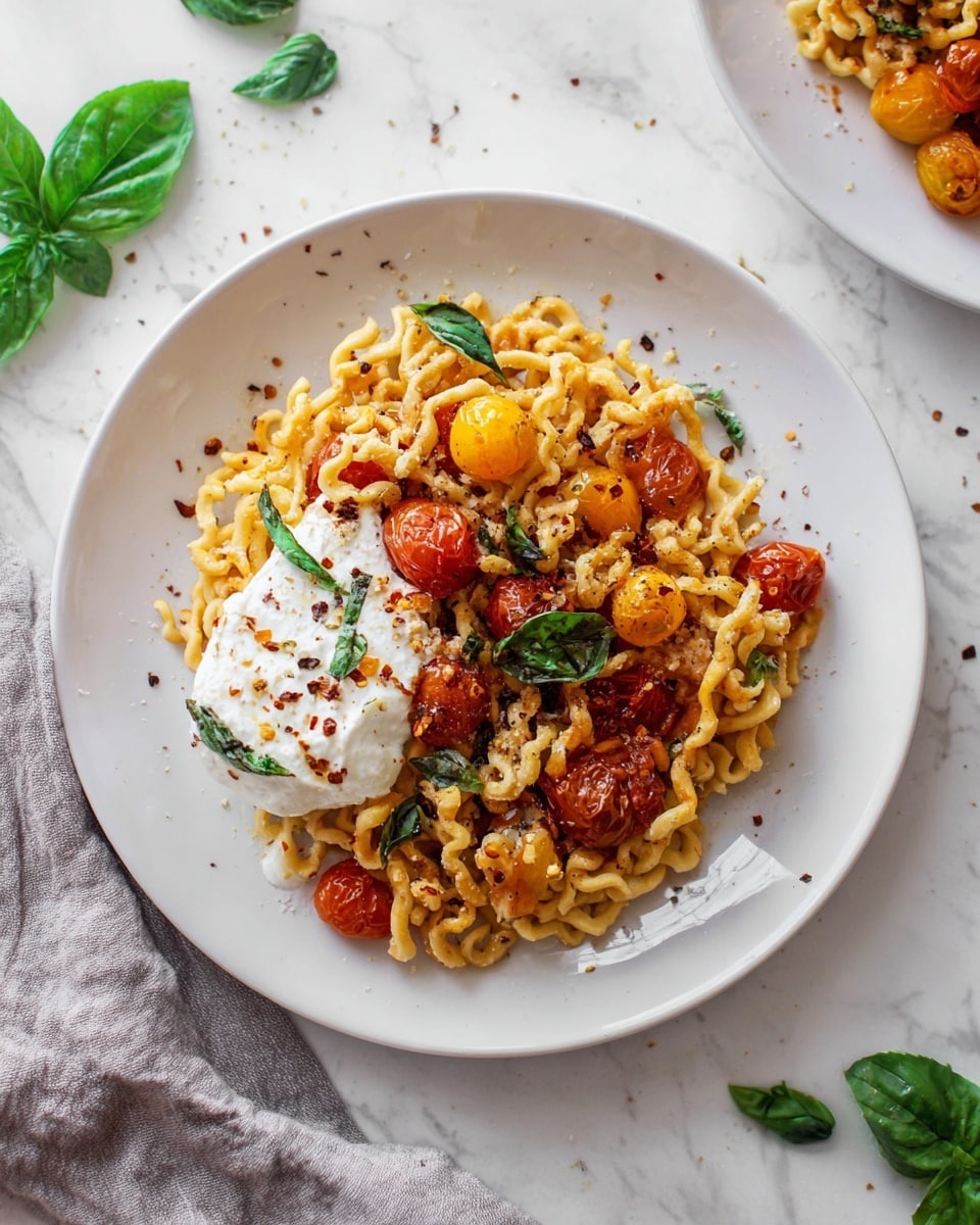 The dish shows a white plate filled with wavy pasta twisted into a loose mound, with layers of blistered red and yellow cherry tomatoes mixed throughout. A dollop of creamy white cheese rests on one side, partially melted into the pasta. Scattered dark green basil leaves both on the pasta and around the plate add fresh color. Tiny red pepper flakes and cracked black pepper lightly coat the top, giving texture and spice. The plate is set on a white marbled surface, with a soft gray cloth in the corner and more basil leaves around. Photo taken with an iphone --ar 4:5 --v 7