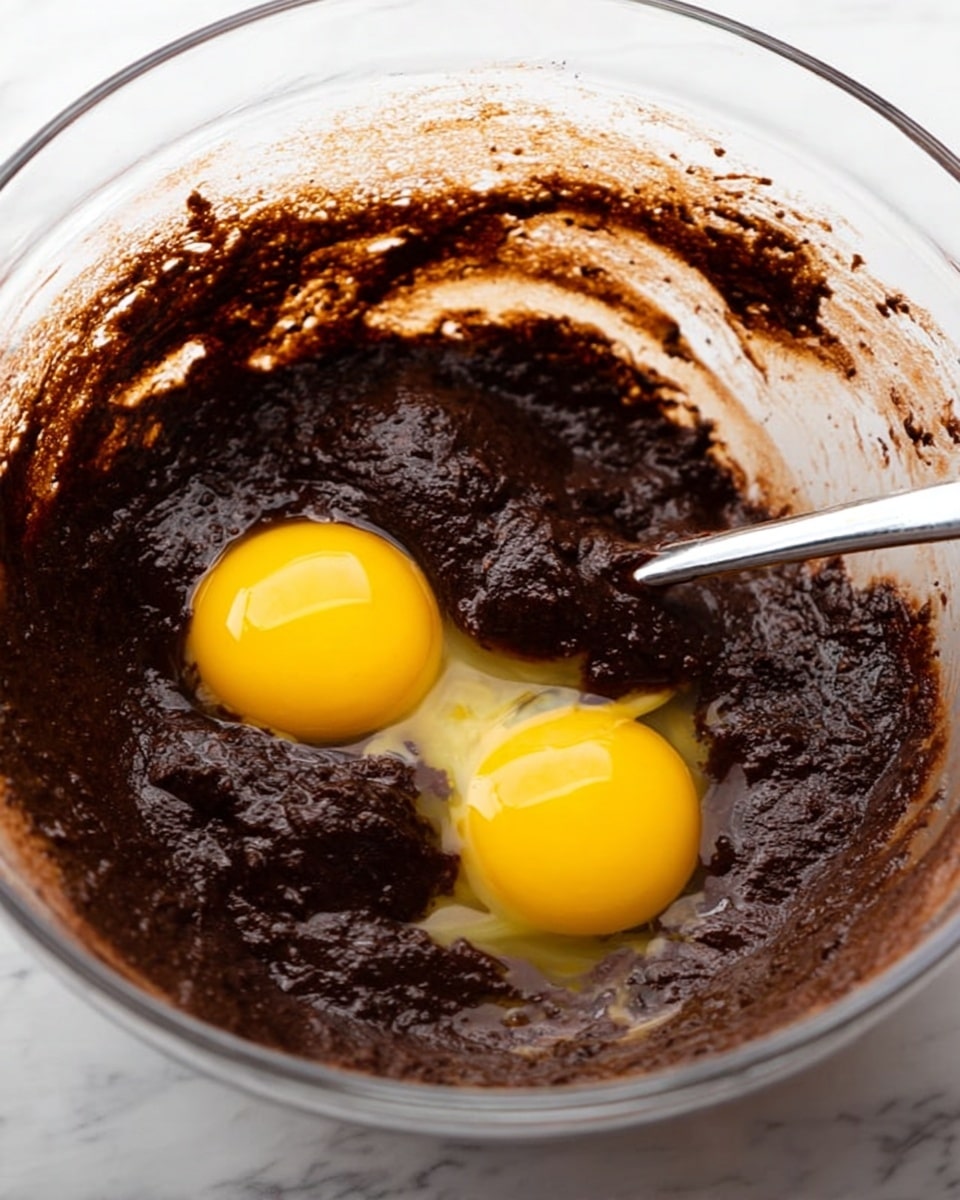 A clear glass bowl with thick dark chocolate batter unevenly spread around the sides and bottom, two raw egg yolks sitting in the middle of the batter with their bright yellow color contrasting the deep brown, and a silver spoon resting inside the bowl on the right side, partially covered by the batter, all placed on a white marbled surface photo taken with an iphone --ar 4:5 --v 7