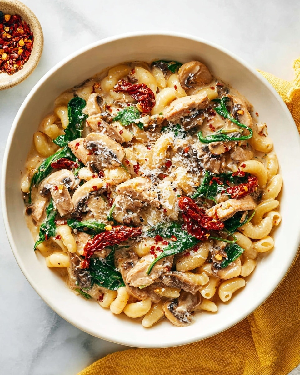 A white bowl filled with a creamy pasta dish showing three main layers: the base layer of soft, small pasta shapes in a light beige sauce, mixed with pieces of light brown mushrooms and green spinach leaves; the middle layer contains chunks of white meat and bright red sun-dried tomatoes scattered evenly; the top layer is sprinkled with fine grated white cheese and small red chili flakes adding texture and color. The bowl rests on a white marbled surface with a yellow cloth partially visible under it. Photo taken with an iphone --ar 4:5 --v 7