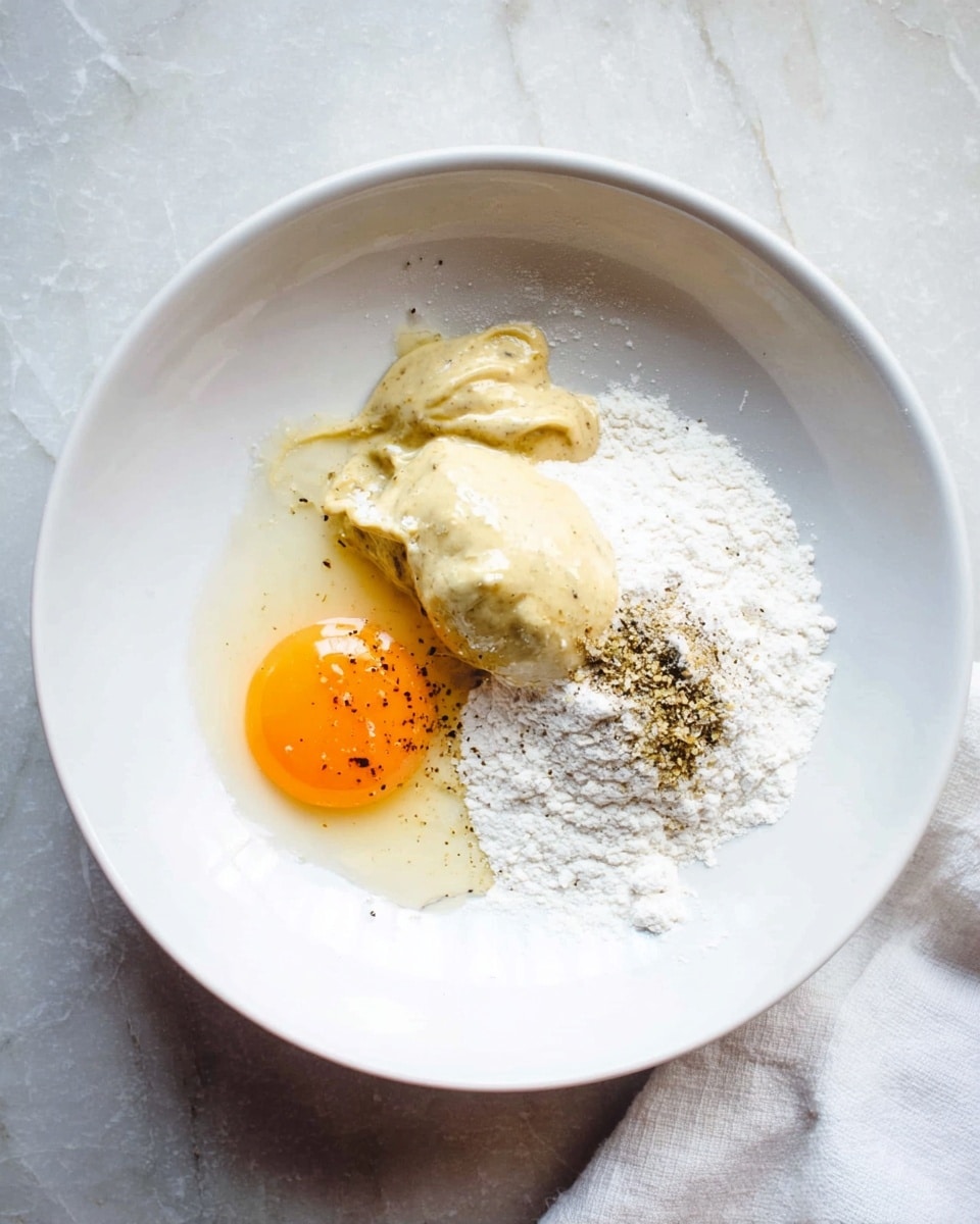 A white bowl on a white marbled surface holds several ingredients neatly arranged. At the bottom left is a bright orange egg yolk surrounded by clear egg white. To the upper right of the yolk, there is a creamy, pale yellow mustard dollop with a smooth texture. Next to the mustard, towards the right edge, lies a pile of fine white flour. Scattered lightly over the flour and mustard is a small amount of ground black pepper, adding a touch of dark specks. The scene is softly lit, with a white cloth napkin partially visible at the bottom right corner. Photo taken with an iphone --ar 4:5 --v 7