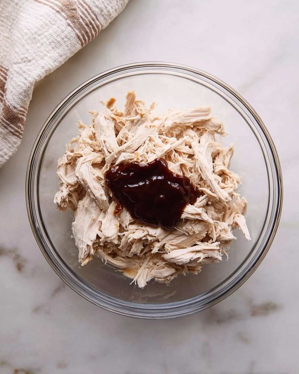 A clear glass bowl sits on a white marbled surface with shredded white chicken pieces filling most of the bowl, topped in the center with a thick, dark brown sauce. The bowl is round and transparent, showing the textures of the tender chicken shreds and the smooth sauce. A white and beige striped cloth is partly visible on the upper left side of the image. Photo taken with an iphone --ar 4:5 --v 7