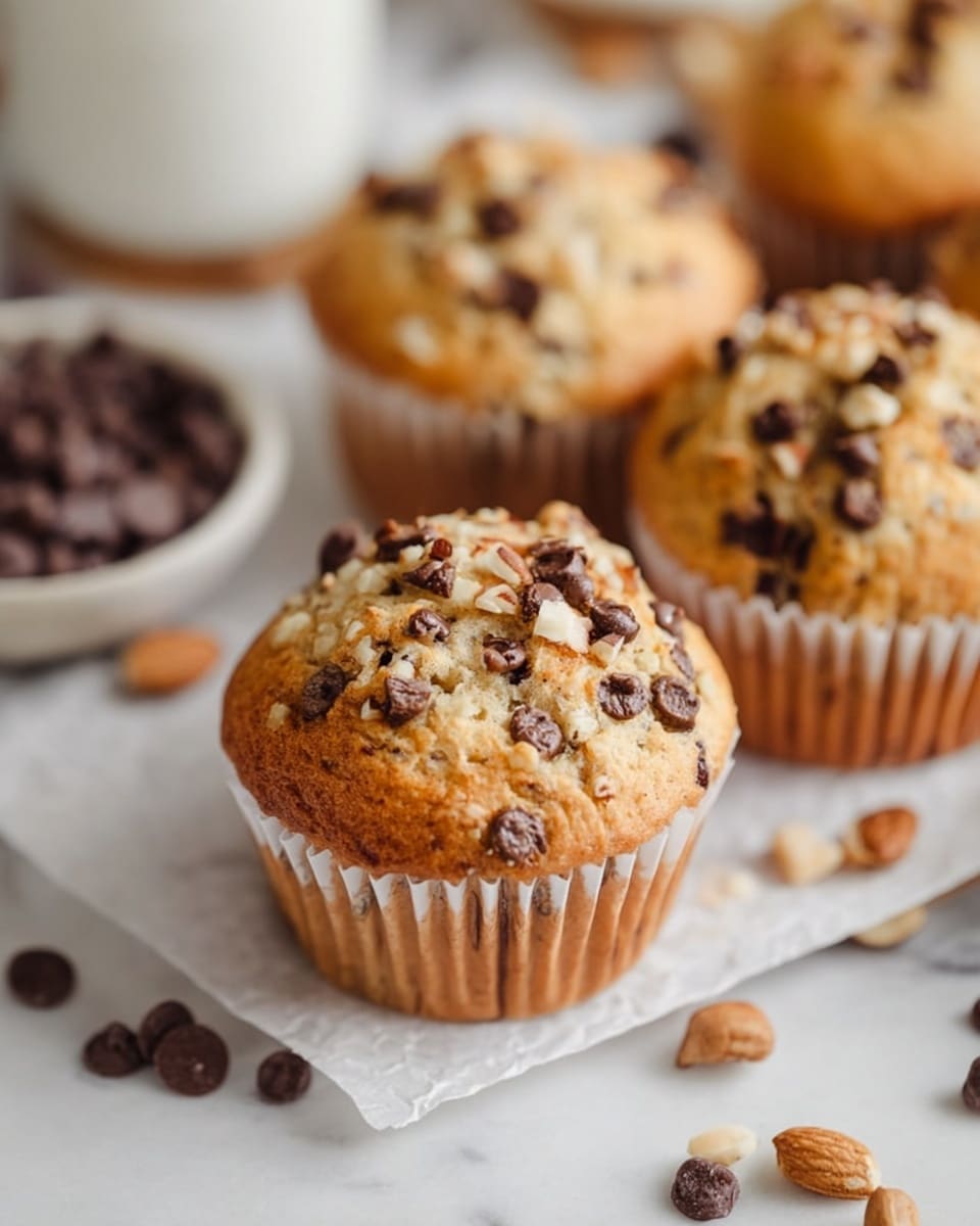 The image shows several muffins with a golden brown top studded with small dark chocolate chips and light chopped nuts. The muffins have a slightly cracked surface, revealing their soft texture underneath. They are in white paper liners and placed on white parchment paper, which rests on a blurred white marbled surface. Scattered chocolate chips and nut pieces are visible around the muffins, with part of a white cup and a bowl filled with chocolate chips seen out of focus in the background. photo taken with an iphone --ar 4:5 --v 7