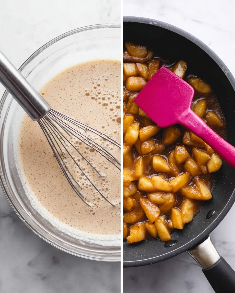 The image is split into two parts. On the left side, there is a clear glass bowl with a light beige batter that has small bubbles on the surface, being mixed by a metal whisk with thin wires placed diagonally inside the bowl, all set on a white marbled surface. On the right side, there is a black frying pan filled with small, uneven pieces of golden brown cooked apples coated in syrup, with a bright pink spatula resting in the pan and slightly lifting some apples, the pan is sitting on the same white marbled surface. photo taken with an iphone --ar 4:5 --v 7
