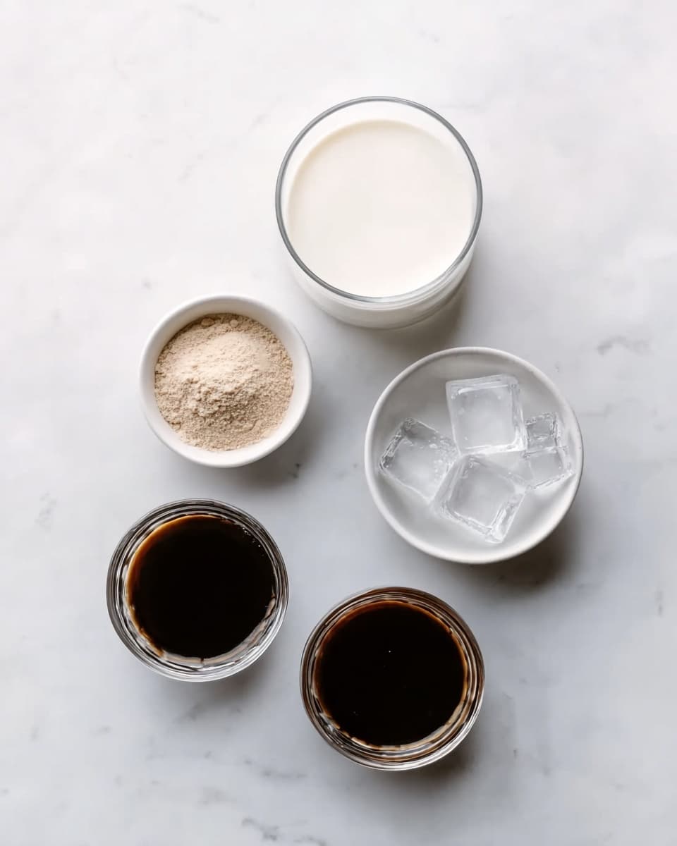 The image shows five small white bowls and glasses arranged on a white marbled surface. At the center top, there is a glass filled with white milk. To the left of the milk glass is a small white bowl with light brown powder. To the right of the milk glass is a glass with several ice cubes. Below, two glasses of dark coffee sit side by side, creating a triangular shape with the other containers. The colors are mainly white, brown, and black with clean, smooth textures on the liquids and powder. photo taken with an iphone --ar 4:5 --v 7