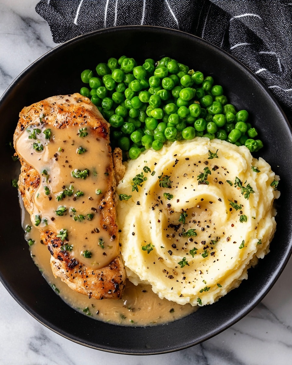 The image shows a black plate with three main layers of food arranged neatly. On the left side is a browned, grilled chicken piece covered with light brown gravy sauce that has small green herb bits on top. To the right of the chicken is a generous swirl of creamy, pale yellow mashed potatoes, also topped with the same gravy and sprinkled with black pepper and green herbs. Above the mashed potatoes and chicken are bright, fresh-looking green peas piled closely together. The plate rests on a white marbled surface with a dark striped cloth visible in the top part of the image. photo taken with an iphone --ar 4:5 --v 7