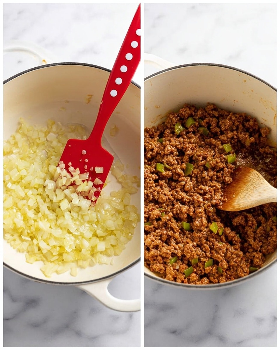 The images show the cooking process in a white cooking pot placed on a white marbled surface. In the first image, there is one layer of finely chopped onions being cooked, which are pale yellow and soft, stirred by a red spatula with large white dots. In the second image, the pot contains a thick layer of cooked ground meat mixed with small cubes of green bell pepper, showing a rich brown color with some green spots throughout. A wooden spoon is partially submerged in the mixture, resting on the right side of the pot. photo taken with an iphone --ar 4:5 --v 7