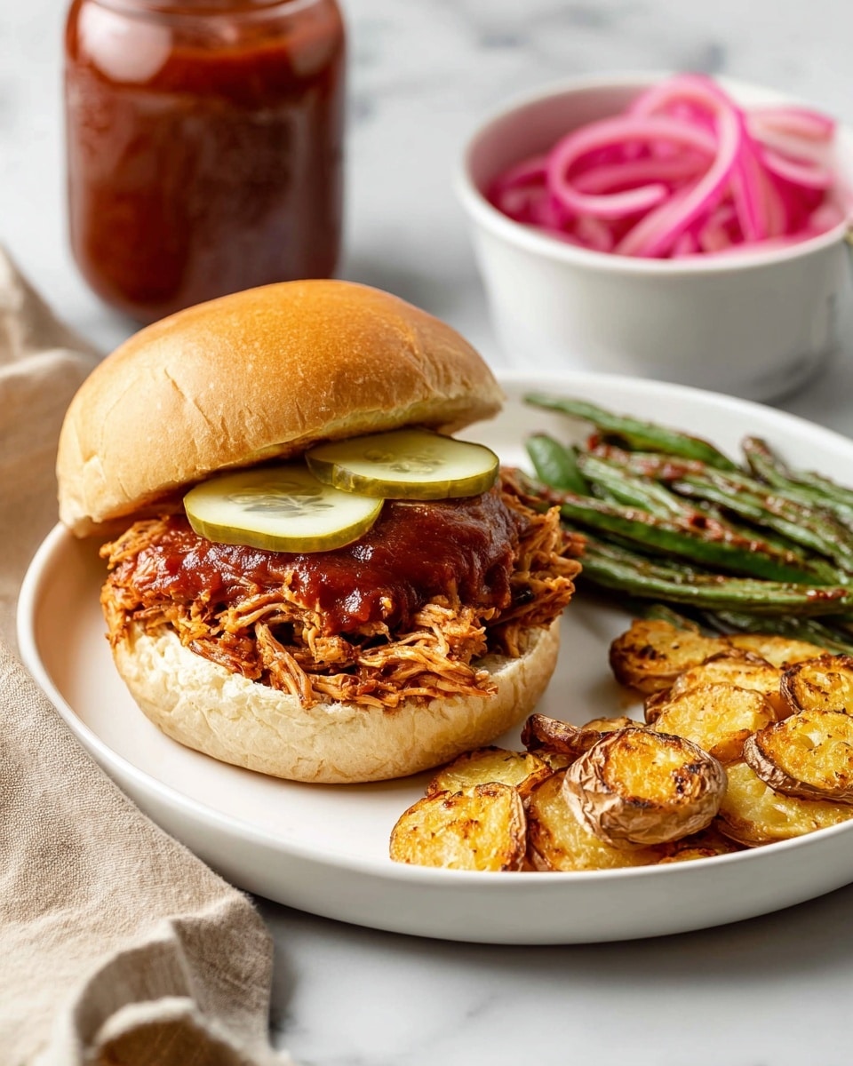 A white plate on a white marbled surface holds a sandwich and two side portions. The sandwich has three layers: the bottom is a soft, light brown bun; the middle is a heap of shredded, reddish-brown pulled meat topped with a thick, dark red sauce and two pale green pickle slices; the top is a smooth, golden bun. On the right side of the plate are several charred, green roasted green beans, and beside them are small, round, crispy roasted potato slices with a golden-brown crust. In the background is a jar filled with a dark reddish sauce and a white bowl holding bright pink pickled onions. A beige cloth is partially visible in the lower left corner. Photo taken with an iphone --ar 4:5 --v 7