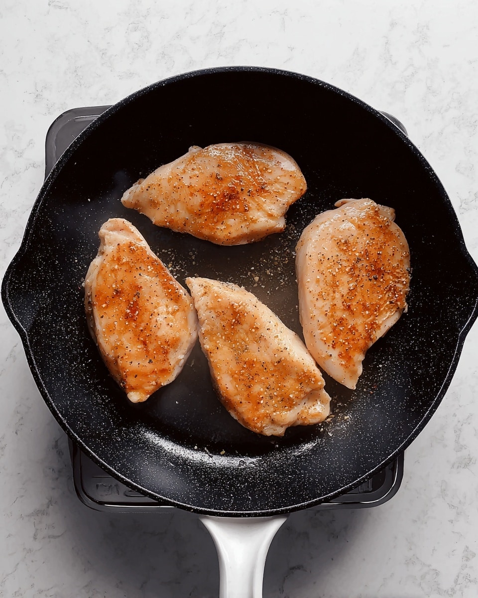 A black cast iron skillet with a white handle on a white marbled surface, containing three pieces of lightly seasoned chicken with a light golden brown color starting to cook. The chicken pieces are evenly spaced inside the pan, showing some steam rising, highlighting the cooking process. The skillet has a slightly shiny texture due to the hot cooking oil. photo taken with an iphone --ar 4:5 --v 7