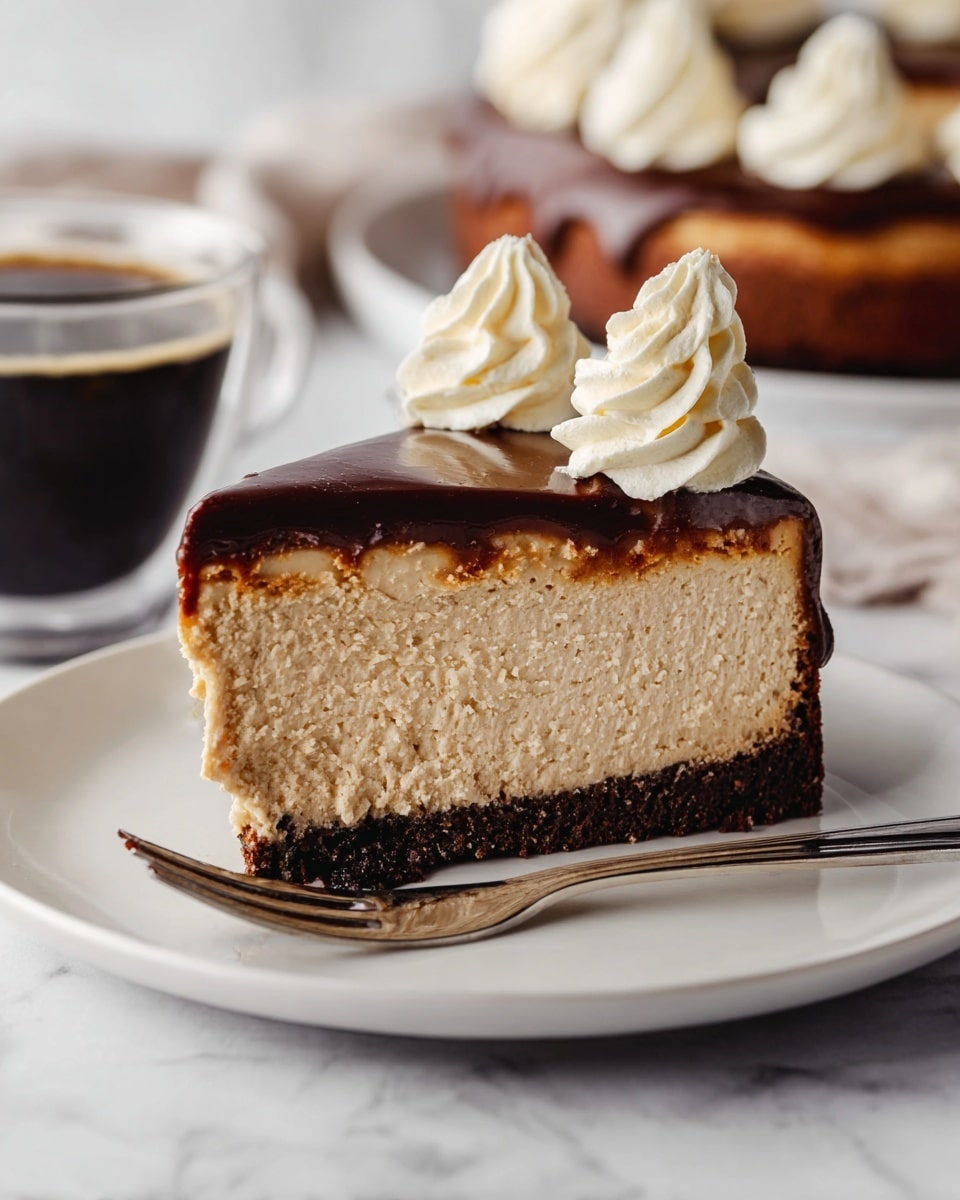 A slice of three-layer cheesecake on a white plate is shown close up. The bottom layer is a dark brown crumbly crust, the middle layer is thick and light tan with a fluffy, slightly textured look, and the top layer is a smooth, shiny dark chocolate glaze. On top of the cake, there are two swirls of light cream, soft and whipped, placed near the edge of the slice. A shiny silver fork lies in front of the slice on the plate. In the background, there is a glass cup with dark coffee and a blurred second slice of cheesecake. The surface beneath the plate is a white marbled texture. photo taken with an iphone --ar 4:5 --v 7