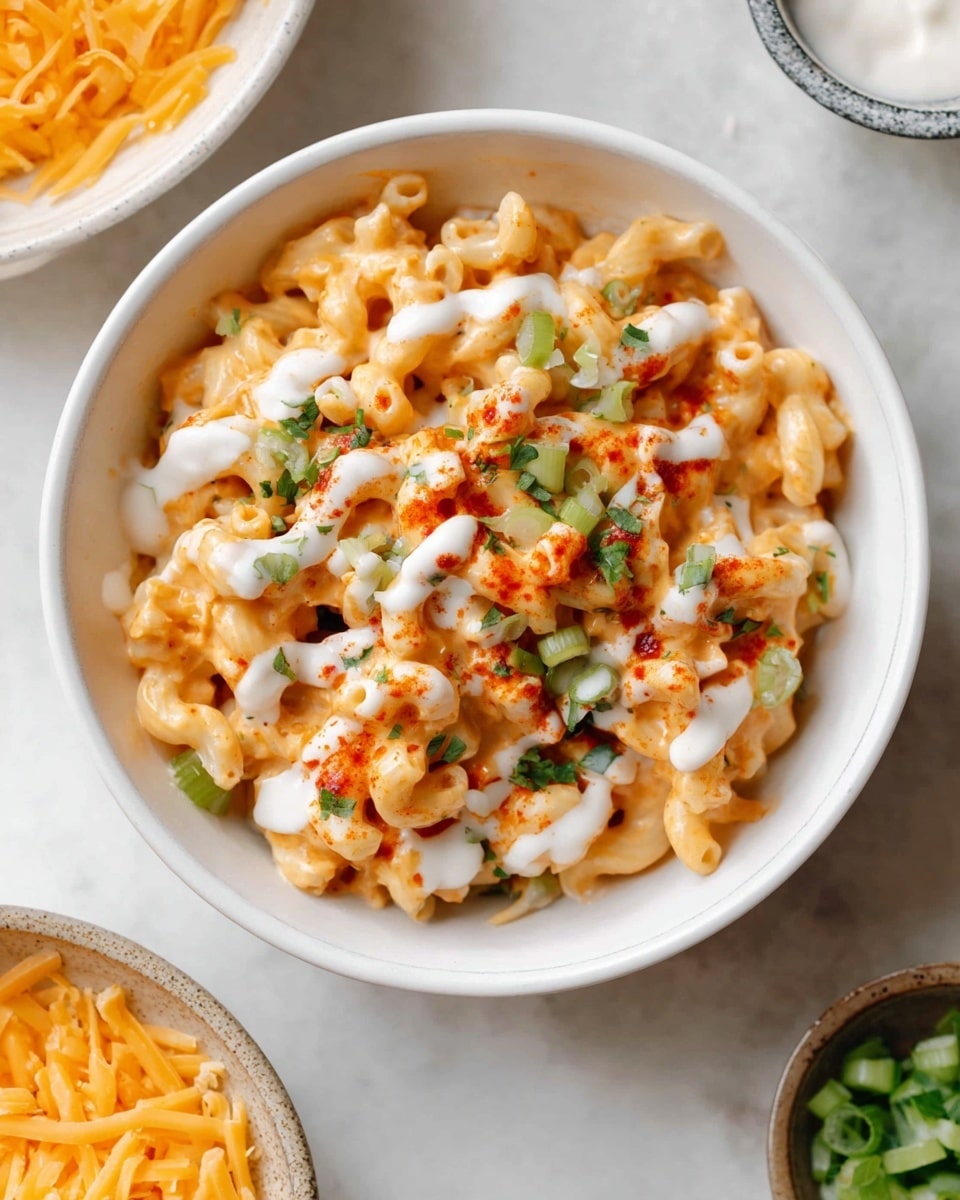 A white bowl filled with creamy macaroni pasta coated in a light orange sauce. The pasta is topped with drizzles of white ranch dressing and bright red hot sauce, with small green pieces of chopped herbs and scallions scattered on top for color. The bowl is placed on a white marbled surface, with parts of other white bowls containing shredded cheddar cheese and a small dish visible nearby. Photo taken with an iphone --ar 4:5 --v 7