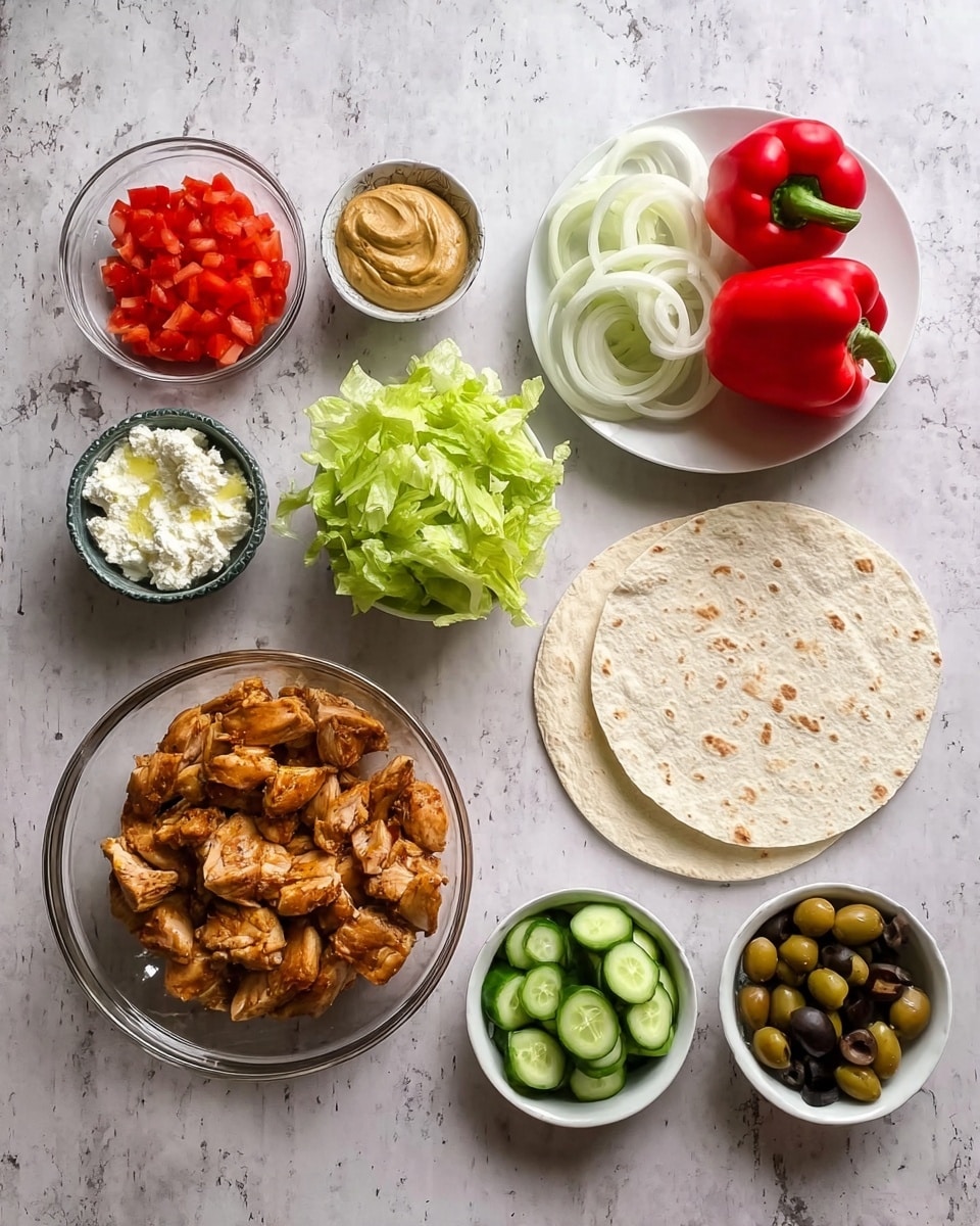 The image shows a white marbled surface with various ingredients arranged neatly. There is one large clear glass bowl at the bottom left filled with cooked, browned chicken pieces. To the right of this bowl, there are two white tortillas stacked on top of each other with a small white bowl of light brown hummus placed on top of the tortillas. Above the tortillas, there is a white plate holding a whole red bell pepper and sliced white onions. To the left of that plate, there is a small white bowl of fresh, crisp green lettuce leaves. Below the lettuce, there is a small white bowl with creamy white cheese. Below that, there is a small white bowl with sliced cucumbers arranged in a stack. At the top left, there is a small white bowl filled with finely diced red tomatoes. Below the cucumbers, there is a small white bowl with a mix of green and black olives. The whole setup is clean and organized, showing fresh, colorful ingredients ready for assembly. Photo taken with an iphone --ar 4:5 --v 7