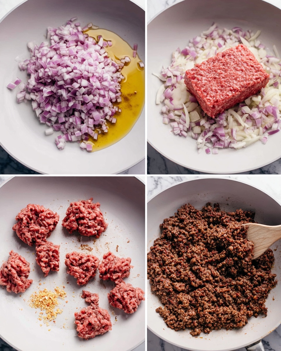 The image is divided into four sections showing cooking steps in a white pan on a white marbled surface. The top left section shows a pile of finely chopped light purple onions on a pool of golden oil. The top right section shows the same white pan with cooked translucent onions spread evenly at the bottom and a bright red rectangular block of raw ground meat placed in the center. The bottom left section shows browned ground meat scattered across the pan with small mounds of light brown, red, and minced pale yellow seasoning in the middle. The bottom right section shows the ground meat fully cooked to a coarse, dark brown texture with a reddish wooden spatula partially visible on the right edge. photo taken with an iphone --ar 4:5 --v 7
