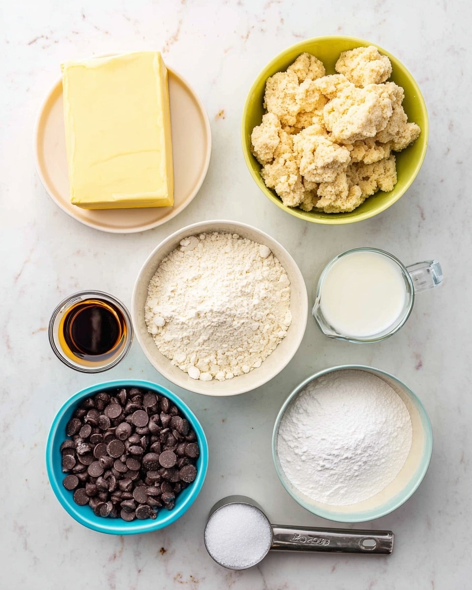 The image shows several baking ingredients arranged neatly on a white marbled surface. Starting from the top right, there is a bowl filled with a crumbly, pale beige mixture. Below it, a bowl holds a powdery, white flour. To the left of the flour, a bowl contains light brown sugar clumps. At the bottom left, a bowl is filled with dark chocolate chips, shiny and round. Next to it on the right, another bowl has white granulated sugar. In the middle left area, there is a rectangular block of yellow butter and above it, a small clear glass container with a dark liquid, likely vanilla extract, and next to it, another clear container with milk or cream. A silver measuring spoon filled with a white powder is placed near the bottom left. The setup is clean, bright, and ready for baking. Photo taken with an iphone --ar 4:5 --v 7