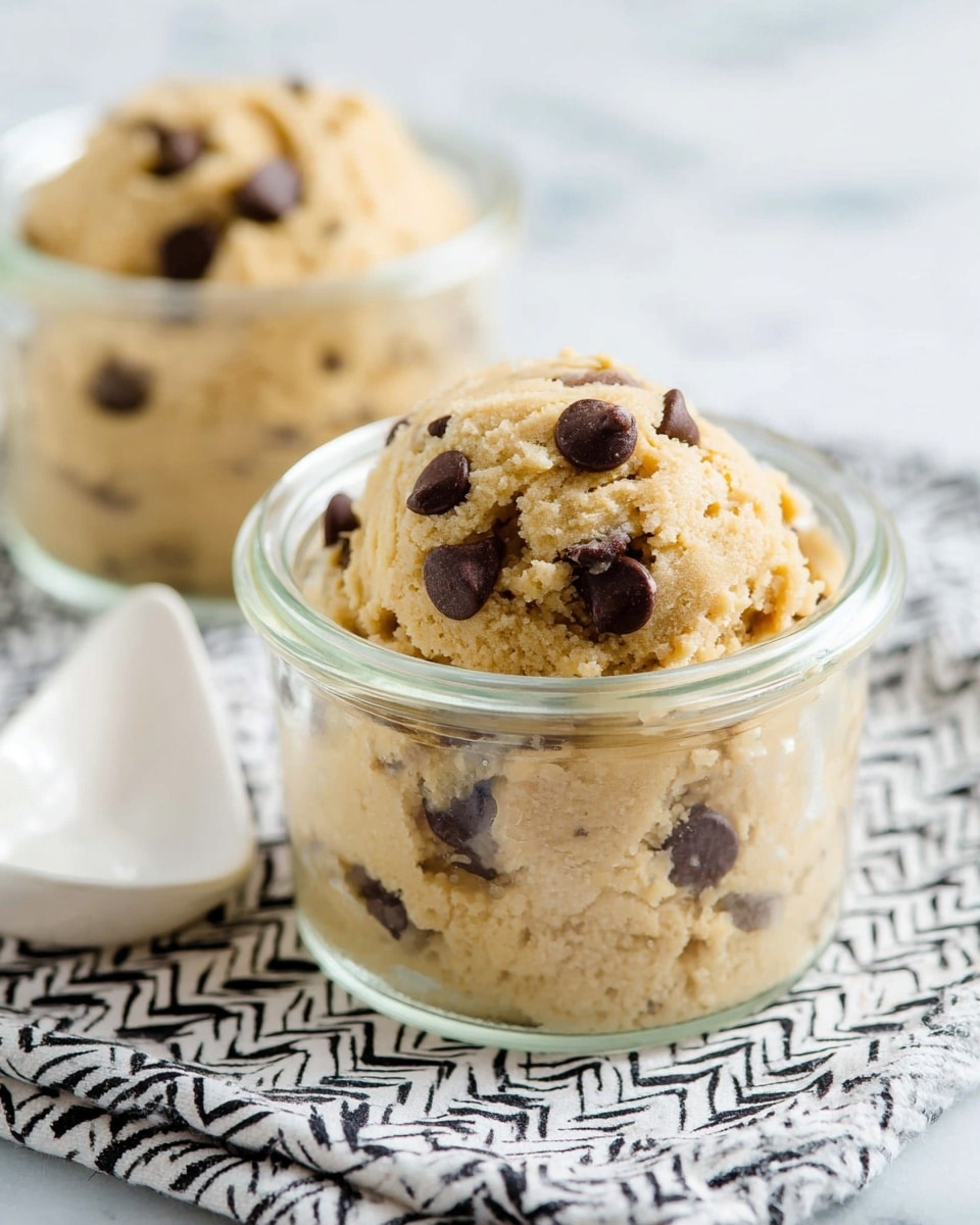 Two clear glass jars each filled with one scoop of light golden dough-like mixture studded with several dark brown chocolate chips. The jars sit on a white cloth with a black zigzag pattern, placed on a white marbled surface. One jar is in sharp focus in the front, showing the rough texture of the dough and the glossy surface of the chocolate chips, while the second jar is softly blurred in the background. A white spoon is partially visible by the bottom left corner of the image. Photo taken with an iphone --ar 4:5 --v 7
