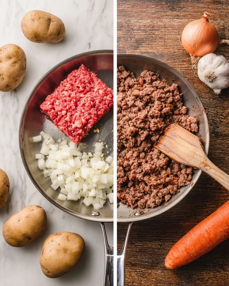 Two images side by side on a white marbled surface show a metal frying pan with cooking stages. The left image has one layer of raw red ground meat square in the center, with diced white onions on top and beside it, and a small amount of minced garlic on the meat. The right image has a single layer of cooked brown ground meat mixed with soft white onions filling the pan. A wooden spatula rests inside the pan with its handle pointing outward. Surrounding the pan on the surface are whole raw potatoes, a whole onion, a carrot, and a garlic bulb. Photo taken with an iphone --ar 4:5 --v 7