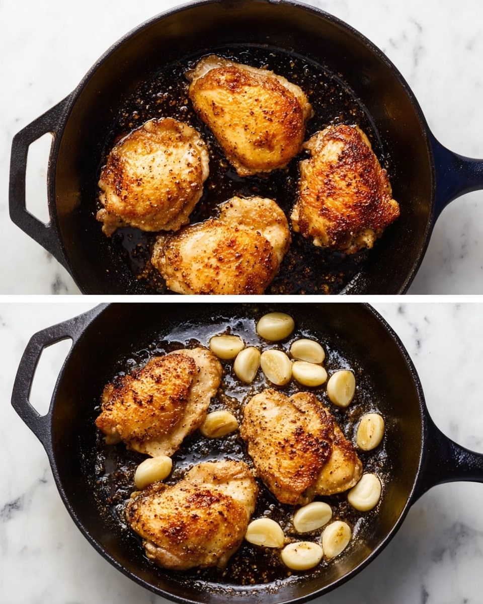 A black cast iron pan sits on a white marbled surface, shown from above. One image displays four cooked golden-brown chicken pieces arranged close together inside the pan, each with a slightly crispy texture and specks of seasoning. The other image shows the same pan with several peeled garlic cloves sizzling in oil, scattered unevenly with some browned on one side, the pan's surface shiny from cooking oil. photo taken with an iphone --ar 4:5 --v 7