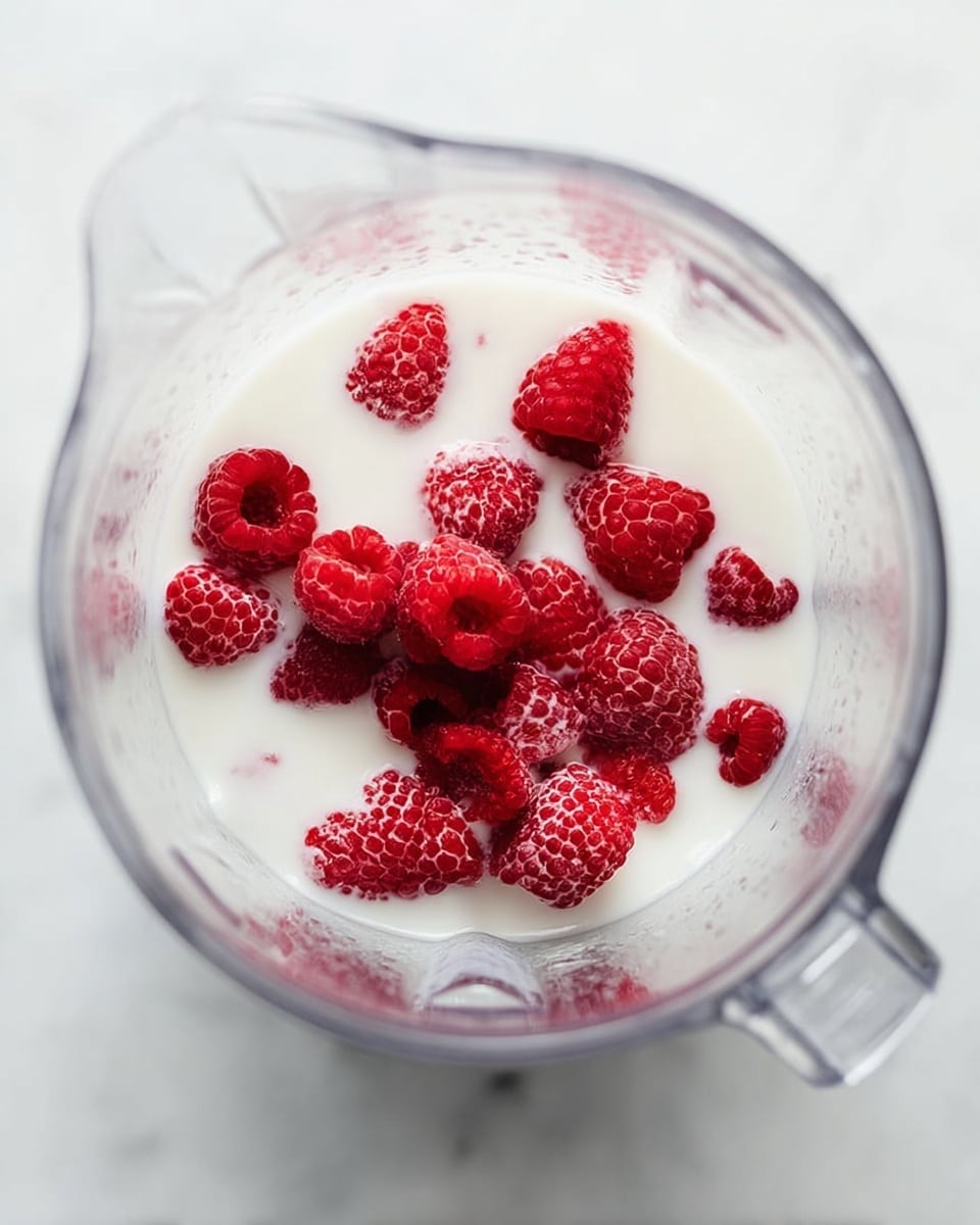A clear blender jar is shown from above, filled with a layer of white milk at the bottom and fresh red raspberries floating on top. The raspberries are bright and textured, some partially submerged in the milk and others sitting fully above it. The background surface is a white marbled texture, visible through the transparent blender walls. photo taken with an iphone --ar 4:5 --v 7