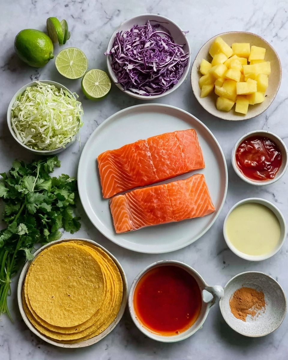 The image shows ingredients neatly arranged on a white marbled surface. In the center is a white plate with two raw orange salmon fillets placed side by side. Surrounding this plate are various small white bowls and dishes containing different ingredients: one bowl with green and purple shredded cabbage, another with cubed yellow pineapple, one with red sauce, one with mayonnaise-like creamy sauce, one with a pale yellow liquid, and a small bowl with brown powder. There are also three yellow corn tortillas stacked, two green limes, a bunch of green cilantro, and a white dish with bright red sauce nearby. A woman's hand holding some green slices is slightly visible in the top left corner. Photo taken with an iphone --ar 4:5 --v 7