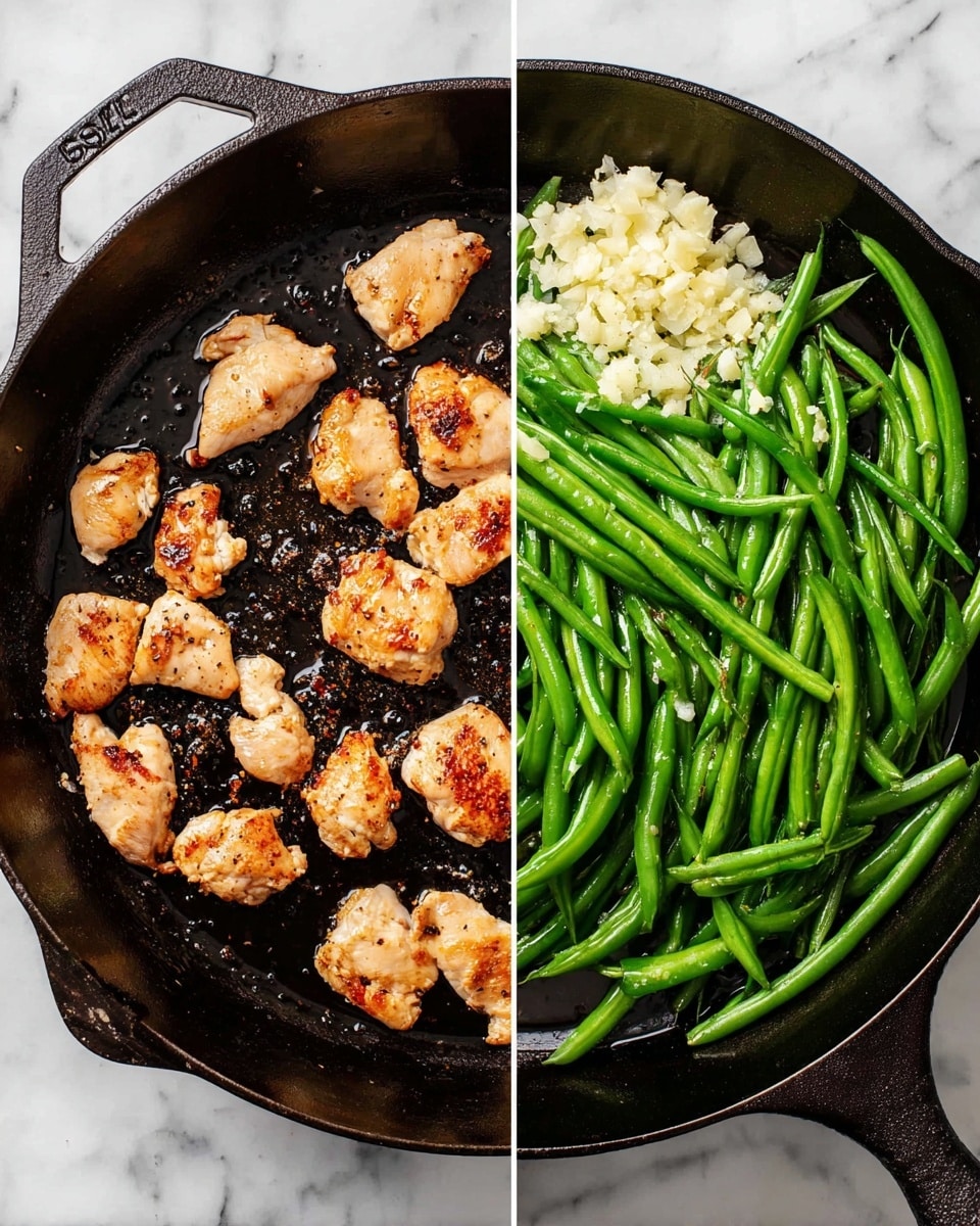 Two black cast iron pans sit on a white marbled surface. The first pan contains nine small pieces of golden-brown cooked chicken, spaced apart with a slightly crispy texture and some seasoning visible. The second pan holds many bright green fresh green beans arranged loosely on one side, with a small pile of finely chopped white garlic next to them. Some oil glistens in both pans. photo taken with an iphone --ar 4:5 --v 7