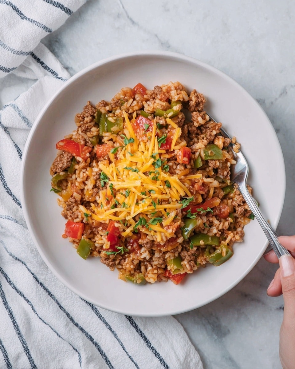 A white plate sits on a white marbled surface, filled with a single-layered dish composed of cooked brown ground meat mixed with rice, diced green bell peppers, and red tomato pieces. The dish is topped with thin yellow shredded cheese and sprinkled with small green herb leaves. A fork is partially stuck into the food near the top of the plate, and a woman's hand is holding the fork. There is a white cloth with blue stripes near the plate on the left side. photo taken with an iphone --ar 4:5 --v 7
