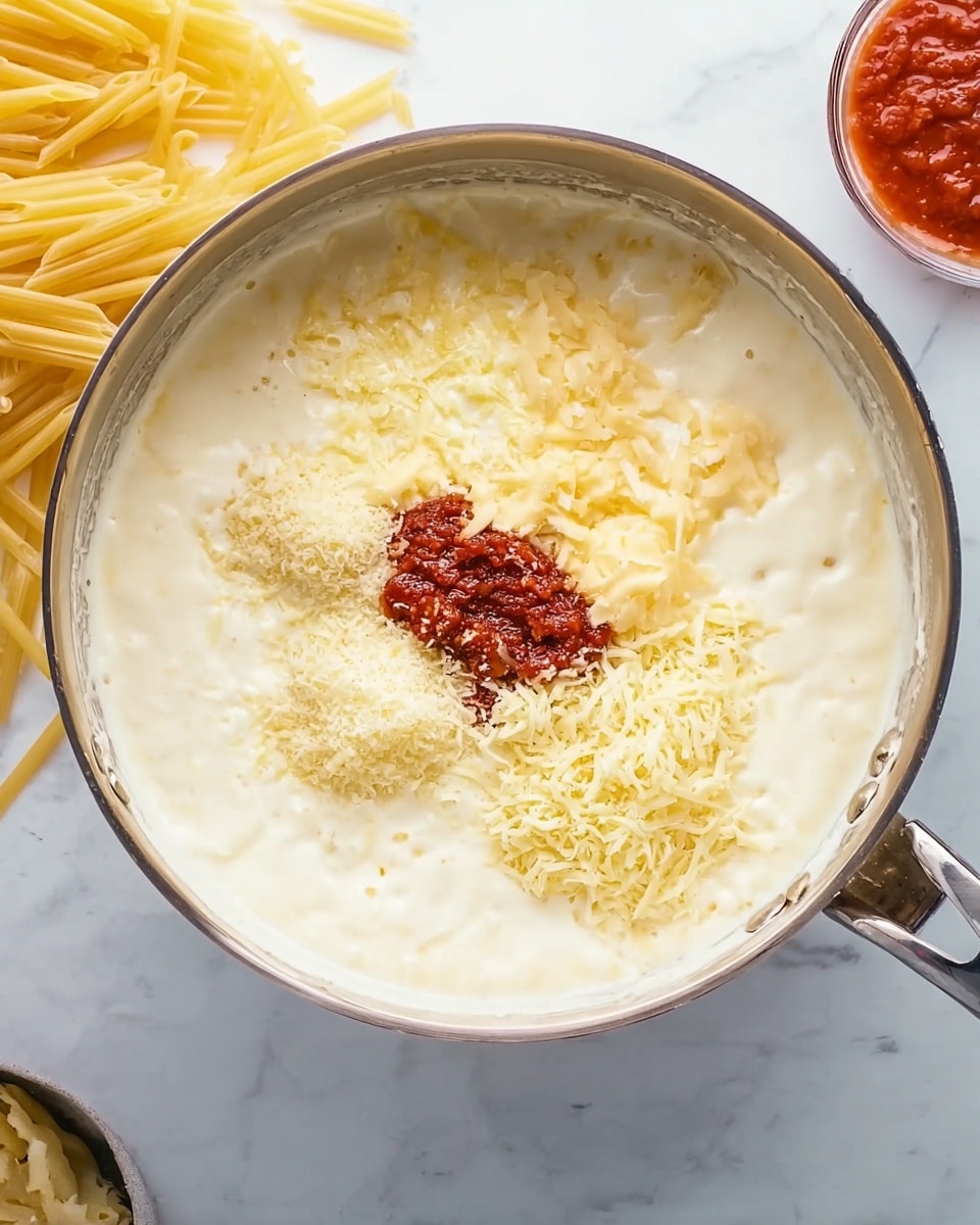 Inside a shiny silver pan filled with a creamy white sauce, there are several layers starting with the smooth white sauce covering the pan bottom. On top of this is a small pile of soft light yellow butter and grated pale yellow cheese spread around it. In the center, there is a small heap of thick red tomato paste. The pan sits on a white marbled surface, with uncooked pasta and a small bowl of tomato sauce nearby. Photo taken with an iphone --ar 4:5 --v 7