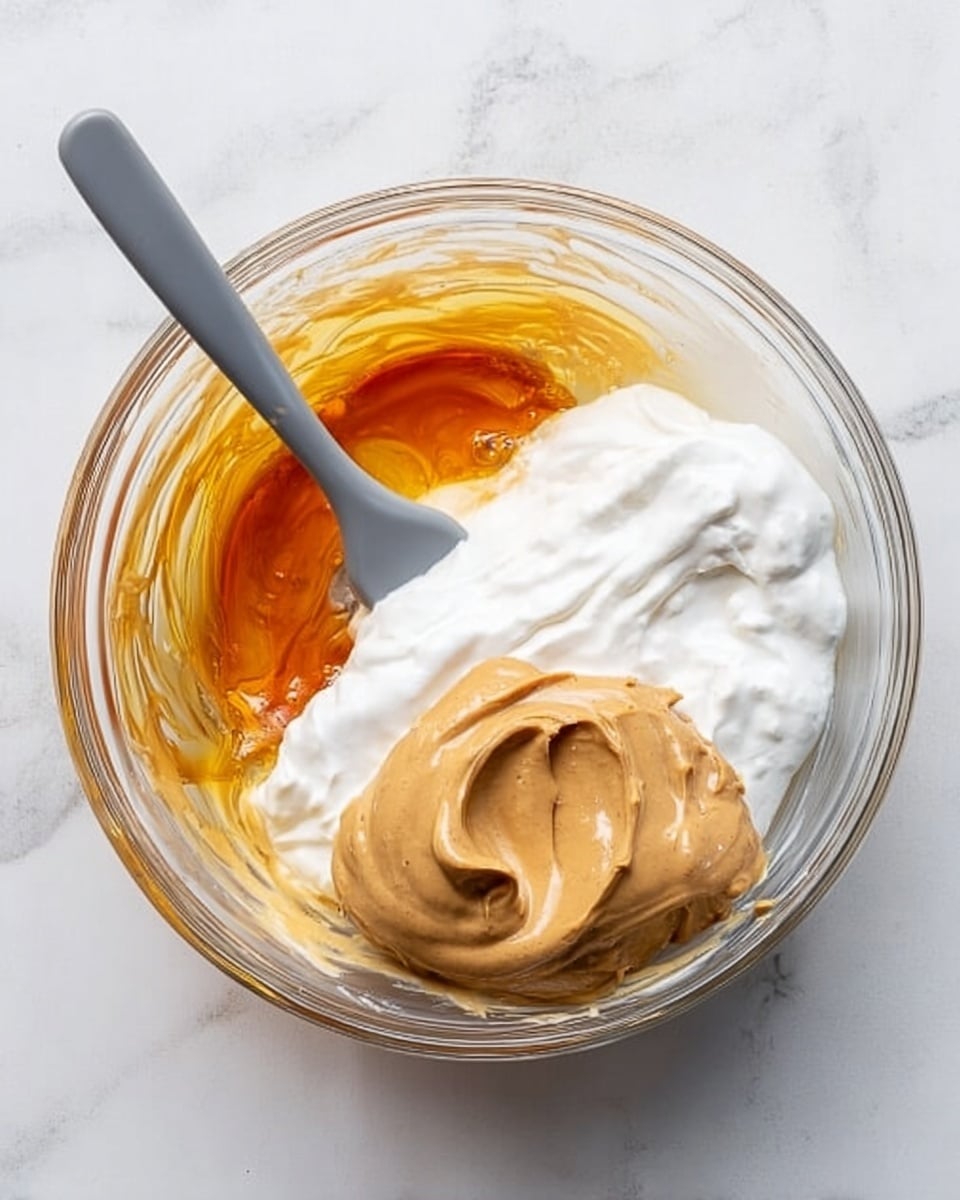 A clear glass bowl is placed on a white marbled surface, filled with three distinct layers of ingredients that have not yet been mixed. At the bottom right sits a smooth, light brown dollop with a creamy texture, resembling peanut butter. Just above it and to the top right, there is a thick, white layer with a slightly whipped texture, like yogurt. To the left side, an amber-colored, shiny syrupy layer fills the remaining space. A gray spatula rests inside the bowl going toward the bottom left, partially covered with the white layer. Photo taken with an iphone --ar 4:5 --v 7